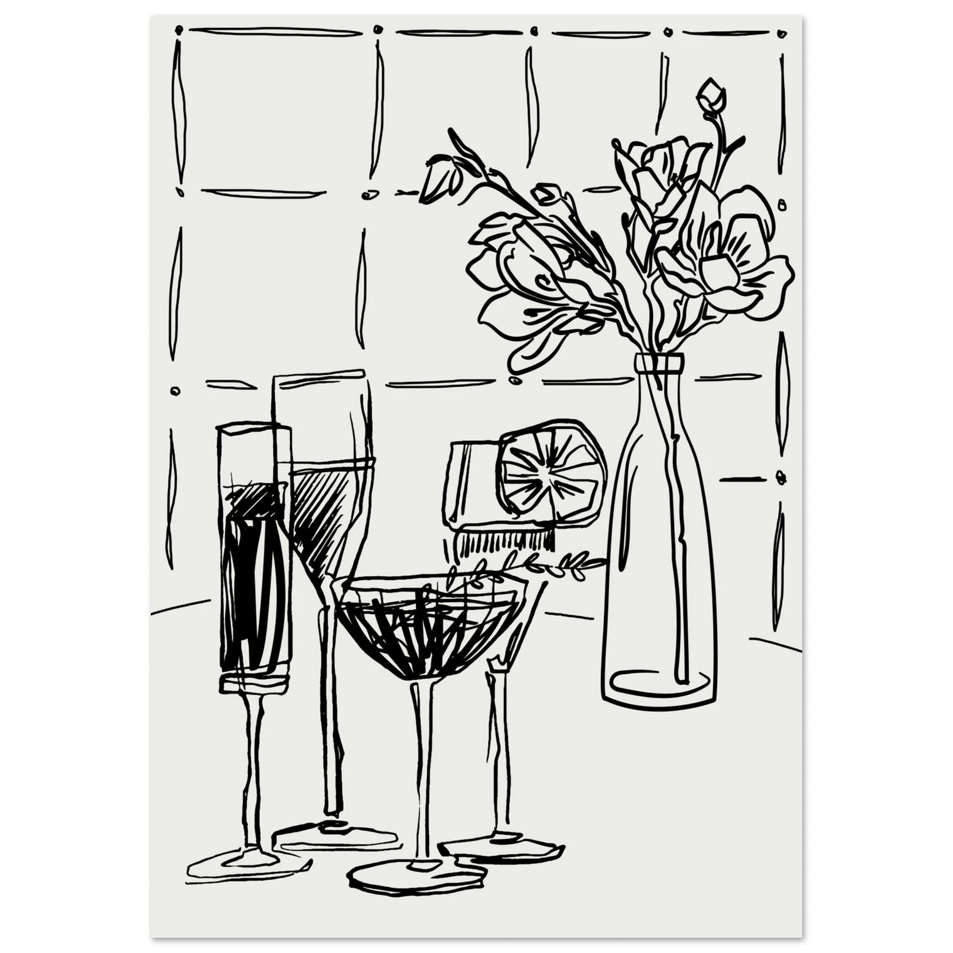 Cocktails & Flowers Print | Black Line Art Drinks Wall Art | Kitchen Bar Poster - Evergreen Posters