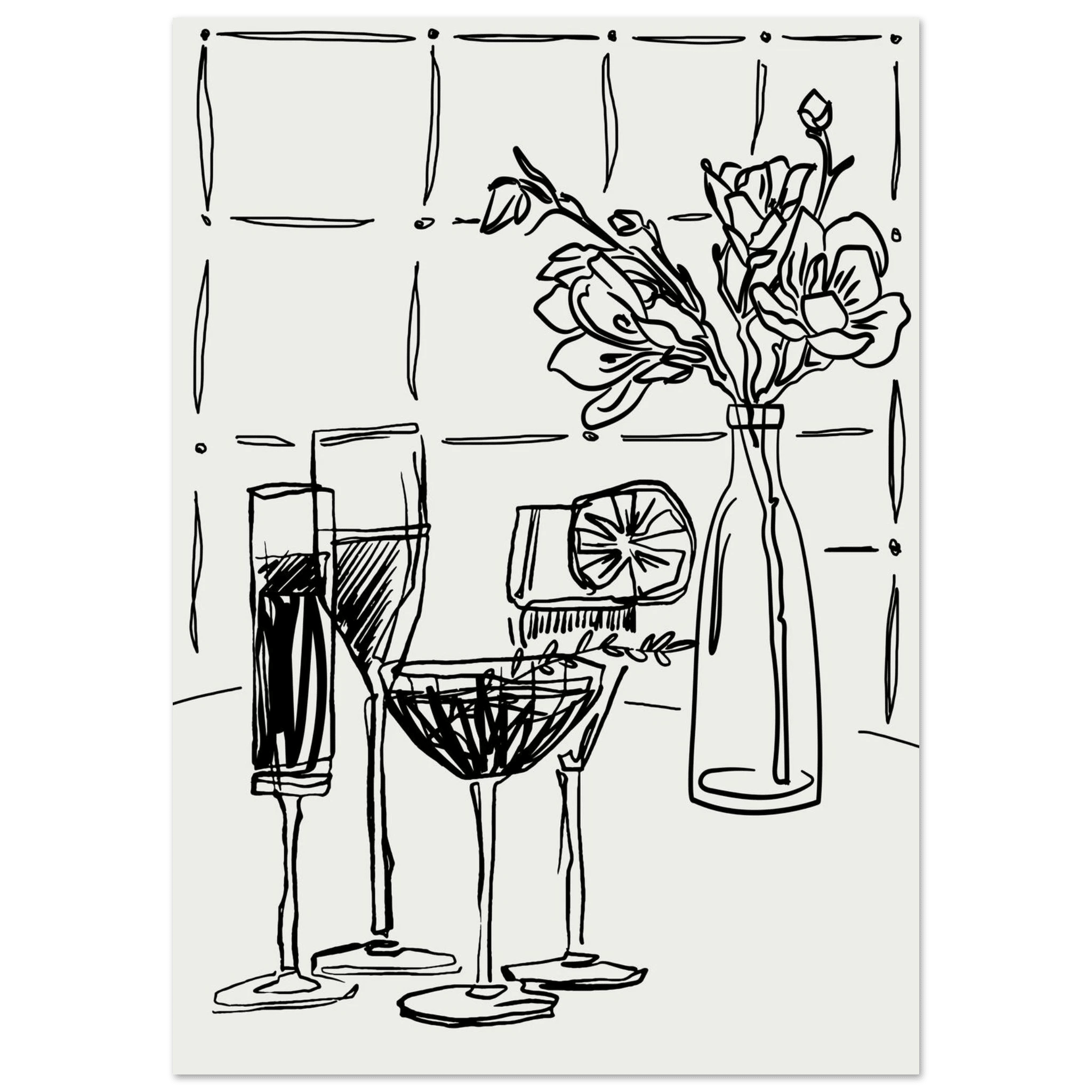 Cocktails & Flowers Print | Black Line Art Drinks Wall Art | Kitchen Bar Poster - Evergreen Posters