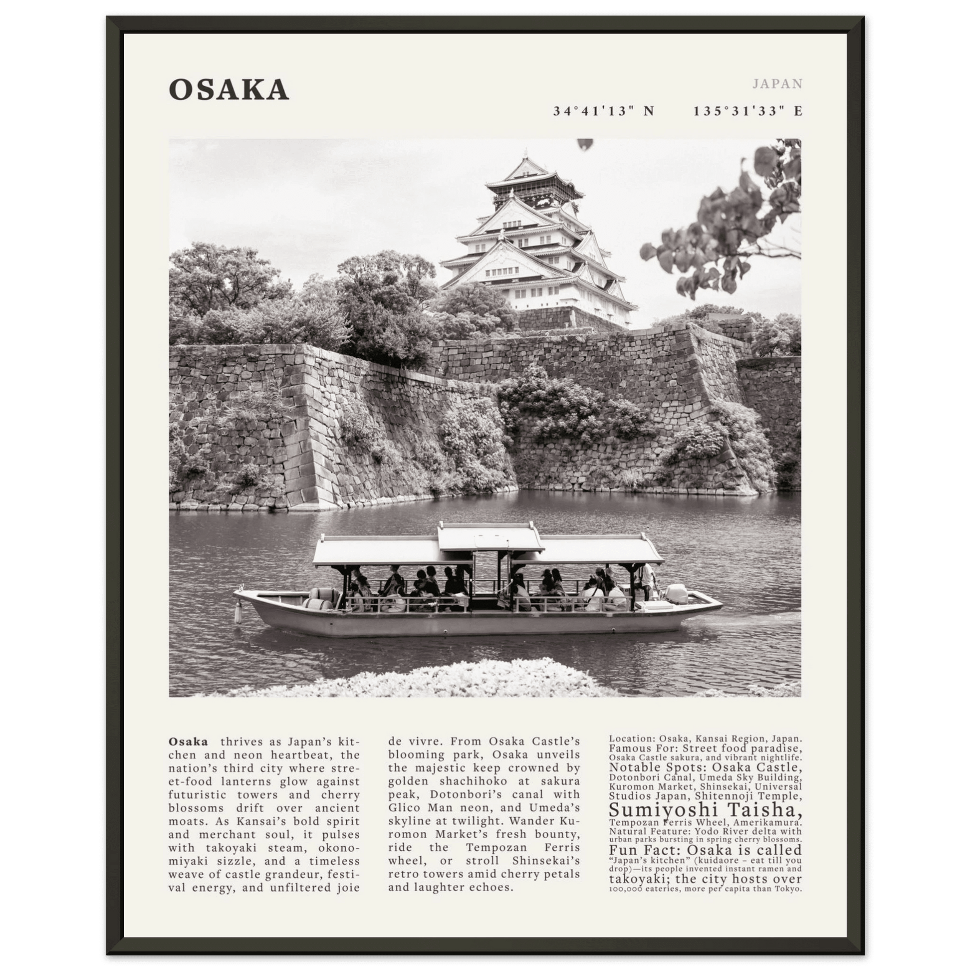 Osaka Poster Black and White – Vintage Osaka Castle Cherry Blossom Print (Digital & Printed Options) - Evergreen Posters