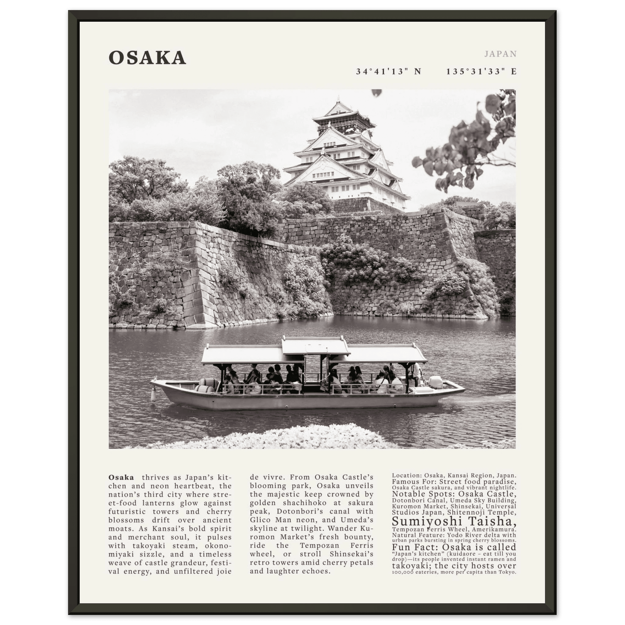 Osaka Poster Black and White – Vintage Osaka Castle Cherry Blossom Print (Digital & Printed Options) - Evergreen Posters