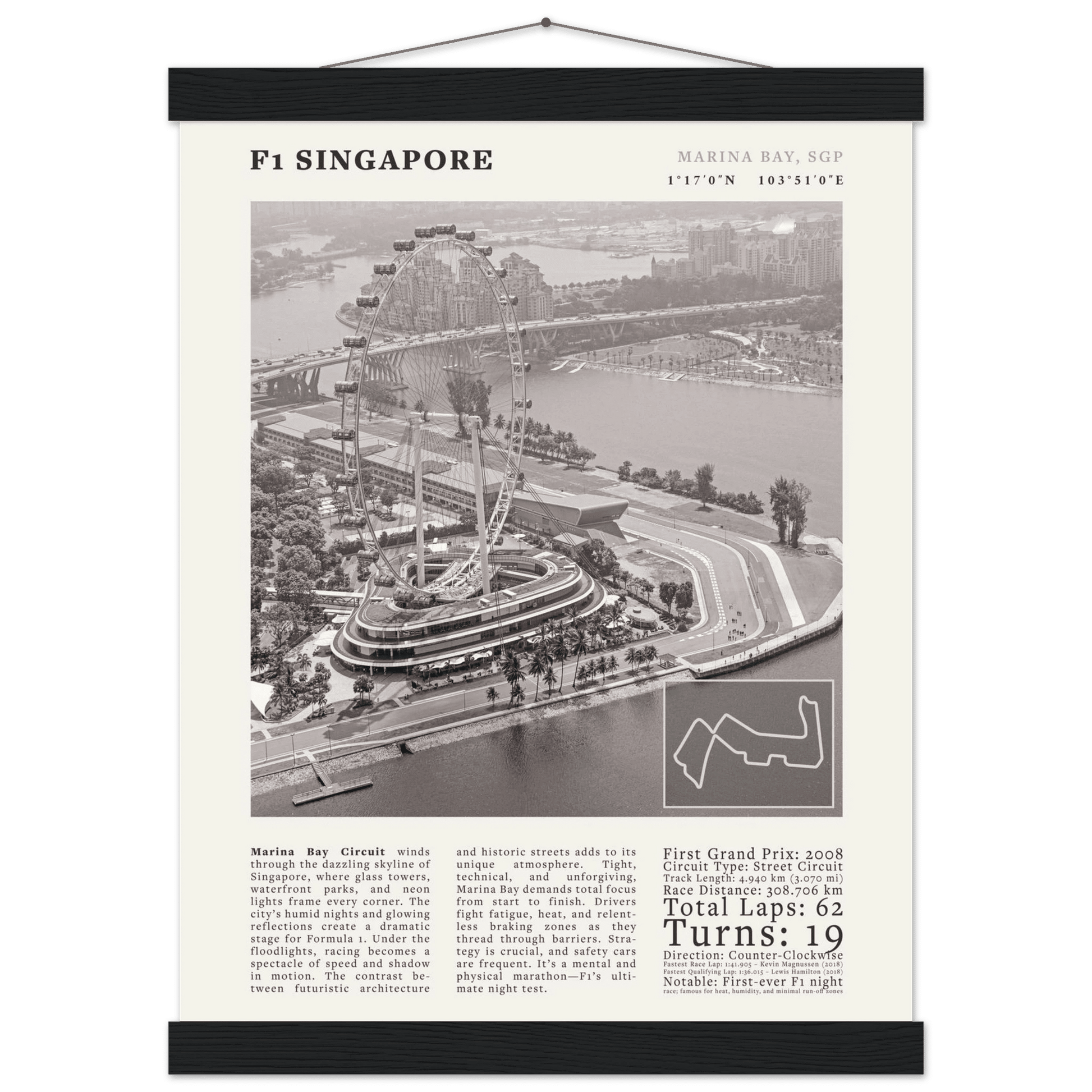 F1 Singapore Poster Black and White – Vintage Marina Bay Night Race Print (Digital & Printed Options) - Evergreen Posters