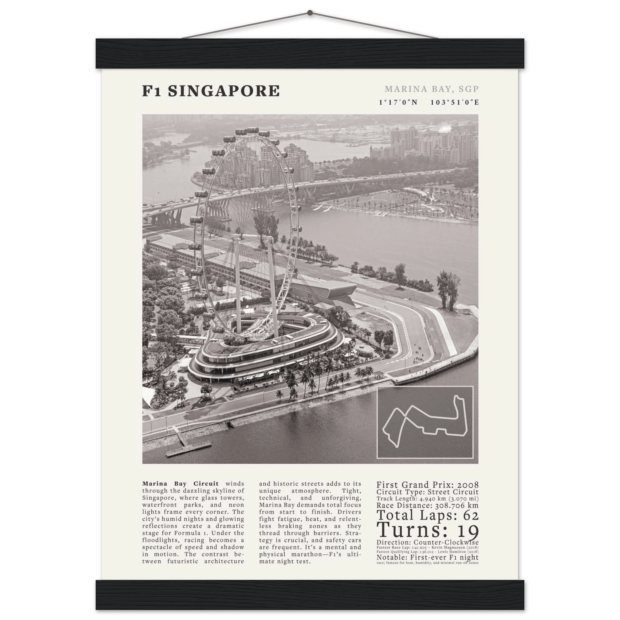 F1 Singapore Poster Black and White – Vintage Marina Bay Night Race Print (Digital & Printed Options) - Evergreen Posters