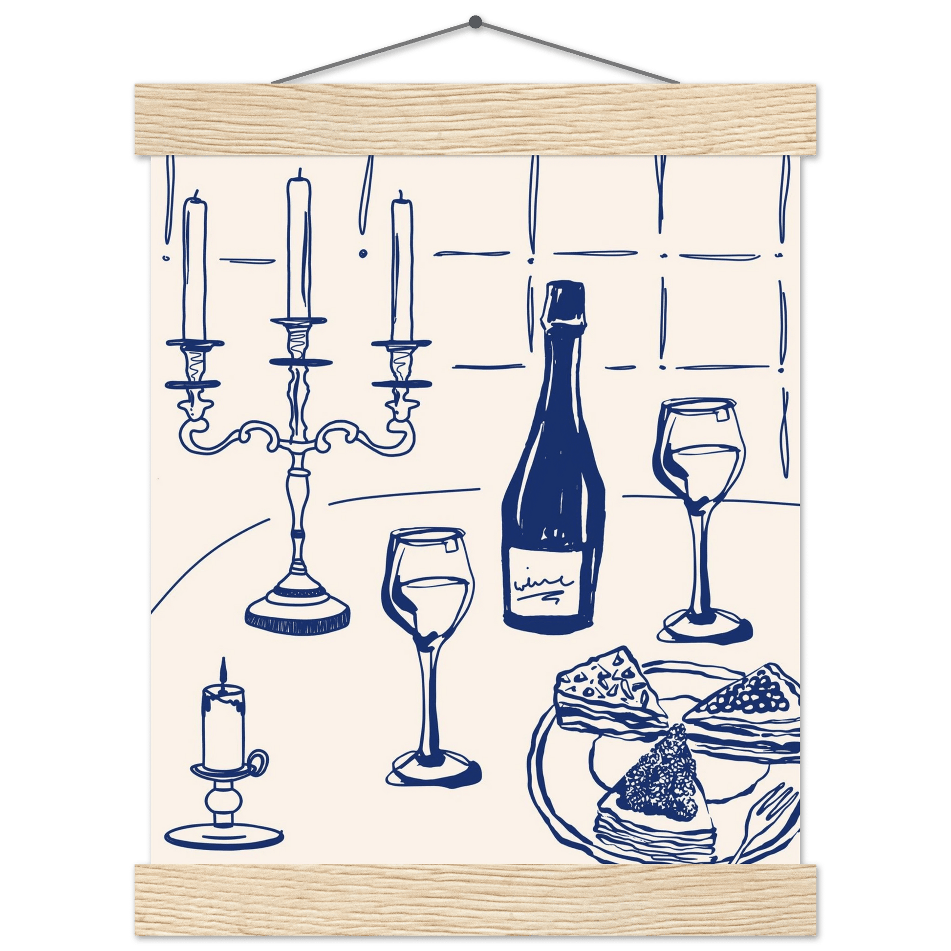 Candlelight Dinner Print | Navy Blue Wine & Candelabra Line Art | Kitchen Poster - Evergreen Posters