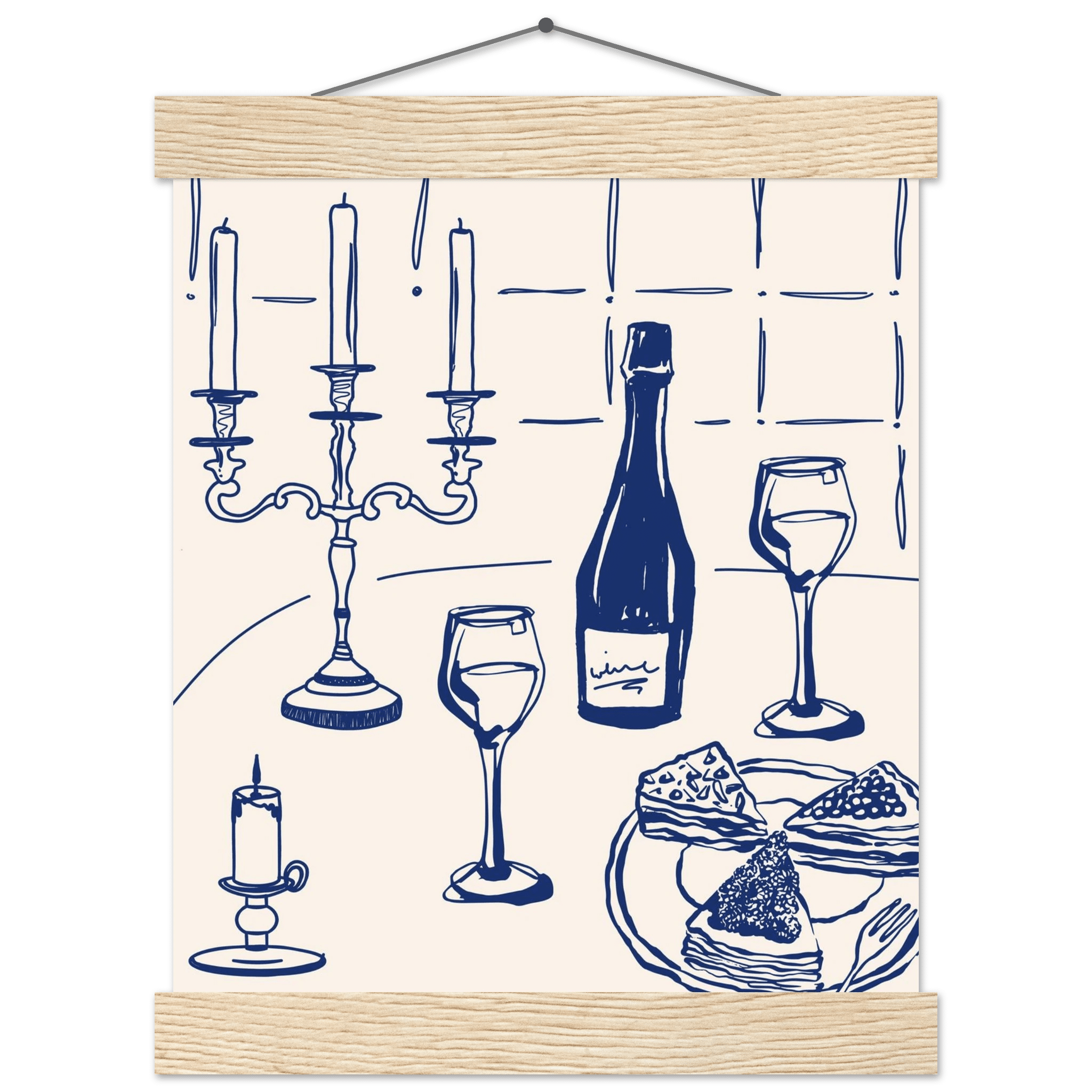 Candlelight Dinner Print | Navy Blue Wine & Candelabra Line Art | Kitchen Poster - Evergreen Posters