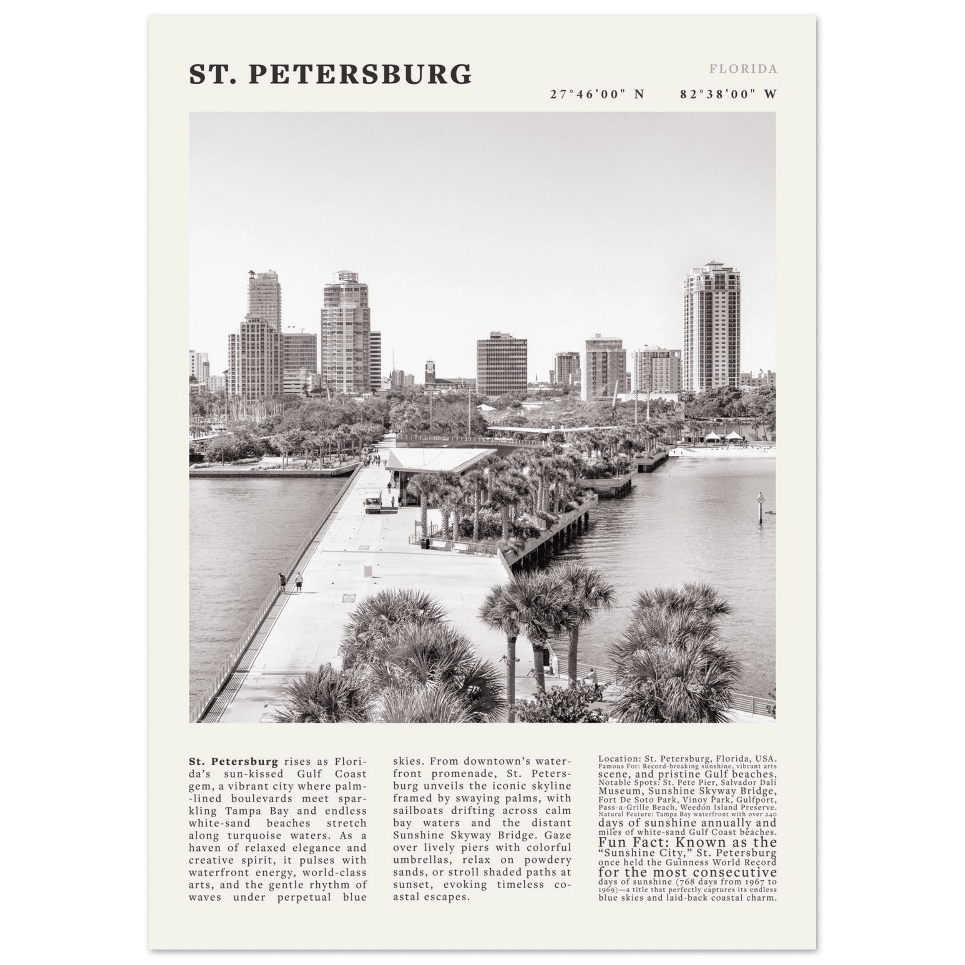 St. Petersburg Florida Poster Black and White – Vintage St Pete Skyline Print (Digital & Printed Options) - Evergreen Posters