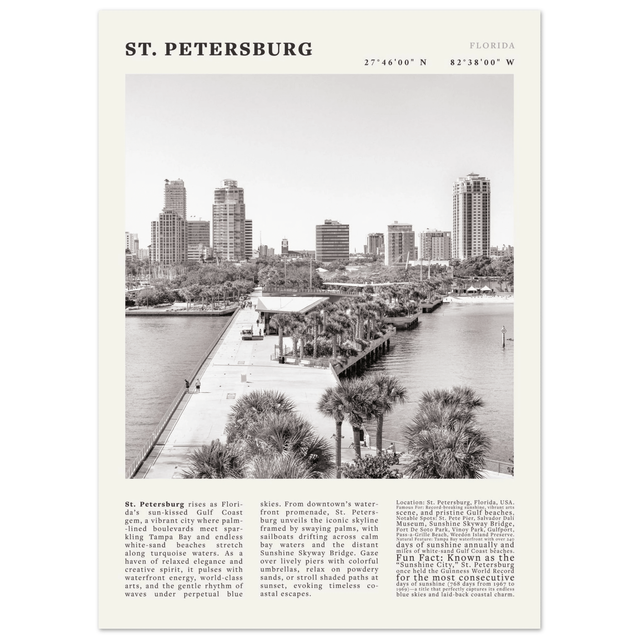 St. Petersburg Florida Poster Black and White – Vintage St Pete Skyline Print (Digital & Printed Options) - Evergreen Posters