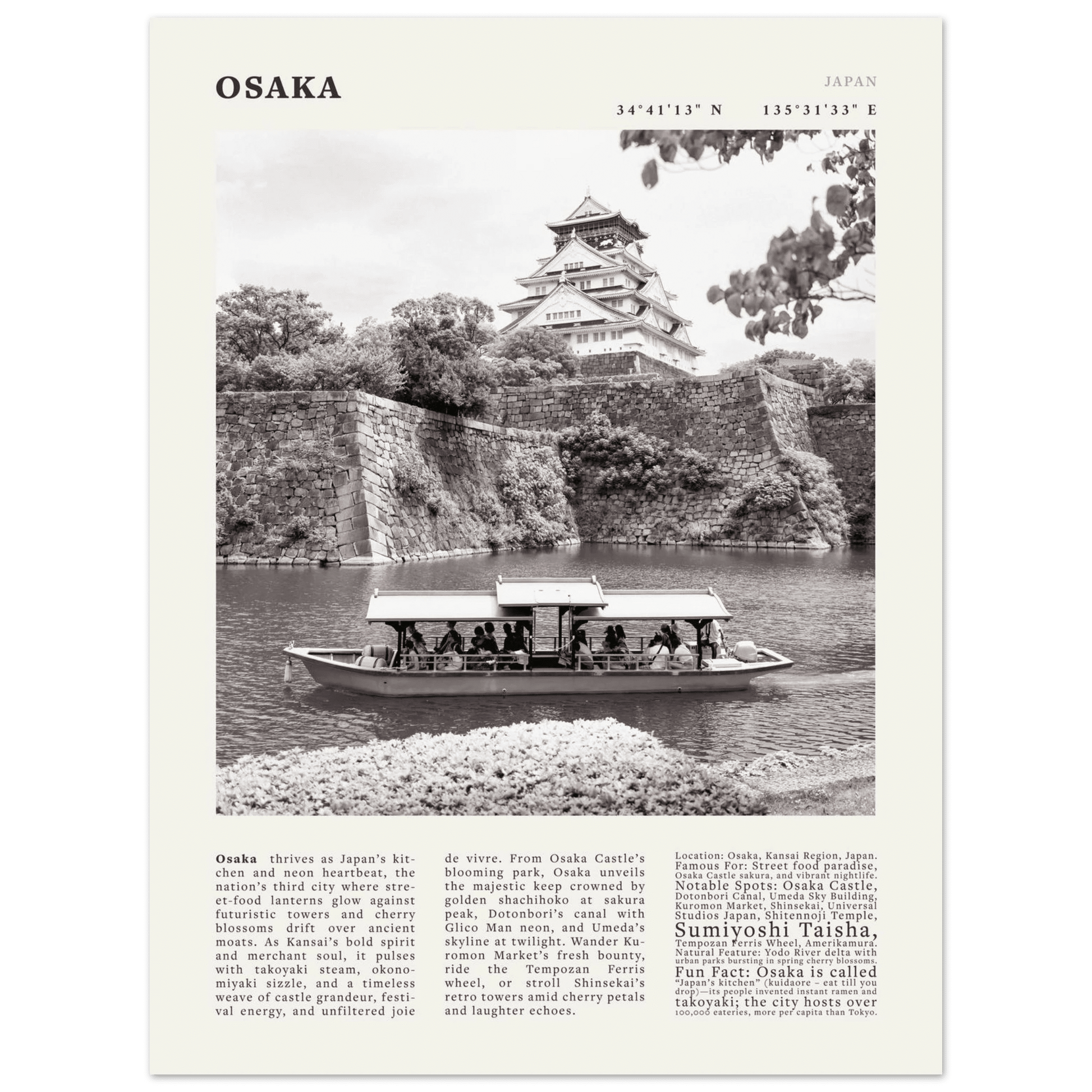 Osaka Poster Black and White – Vintage Osaka Castle Cherry Blossom Print (Digital & Printed Options) - Evergreen Posters
