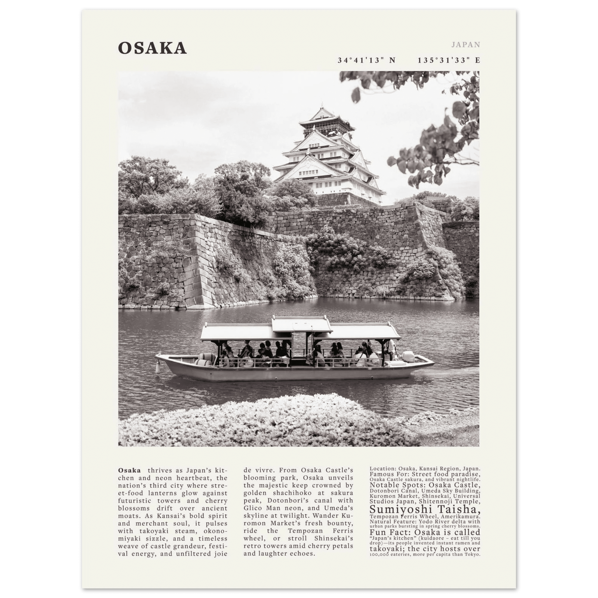 Osaka Poster Black and White – Vintage Osaka Castle Cherry Blossom Print (Digital & Printed Options) - Evergreen Posters
