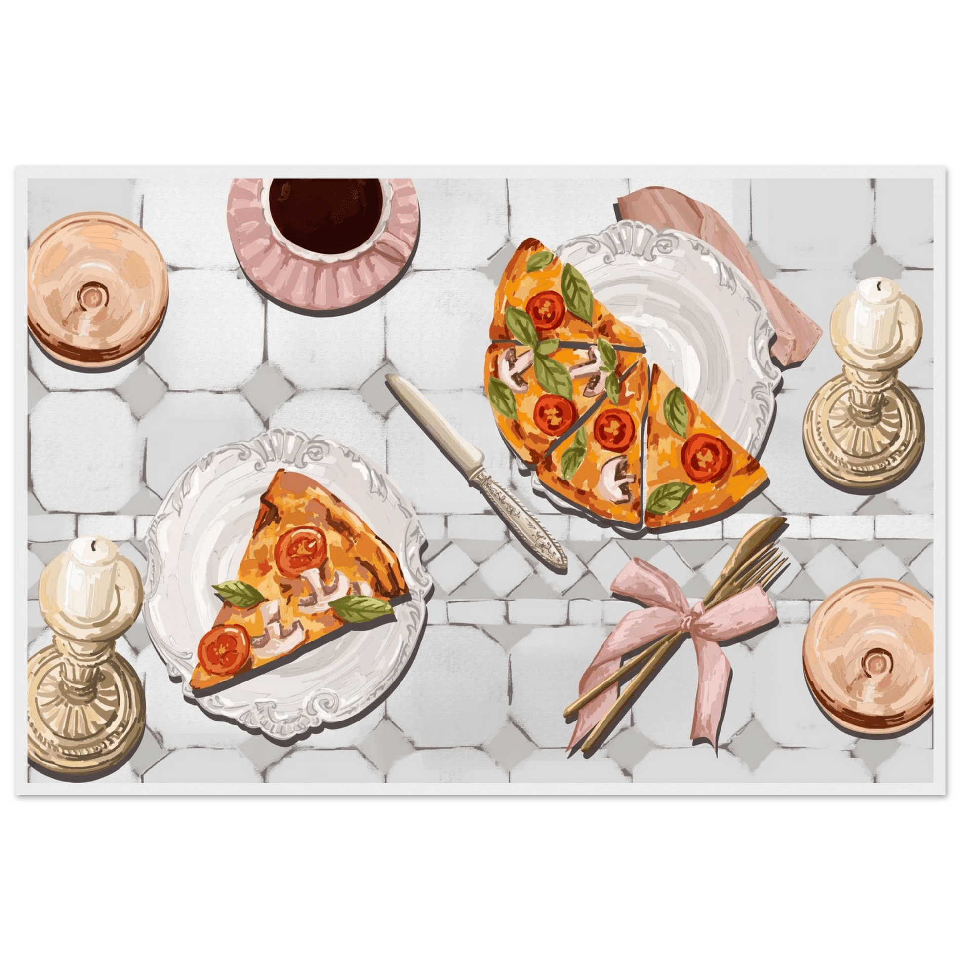 Pizza & Tea Kitchen Poster | Horizontal Food Wall Art | Italian Dining Room Print - Evergreen Posters