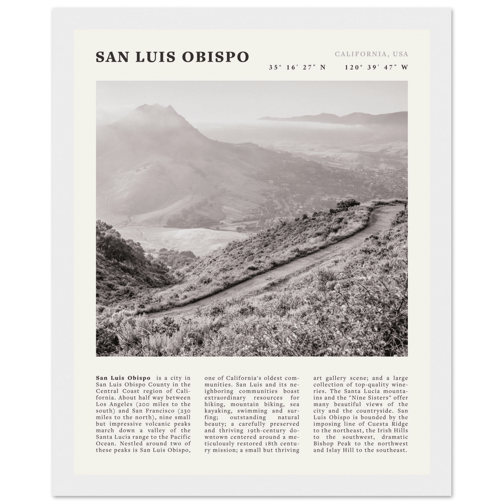 San Luis Obispo Poster | Black & White California Wall Art | SLO Travel Print - Evergreen Posters