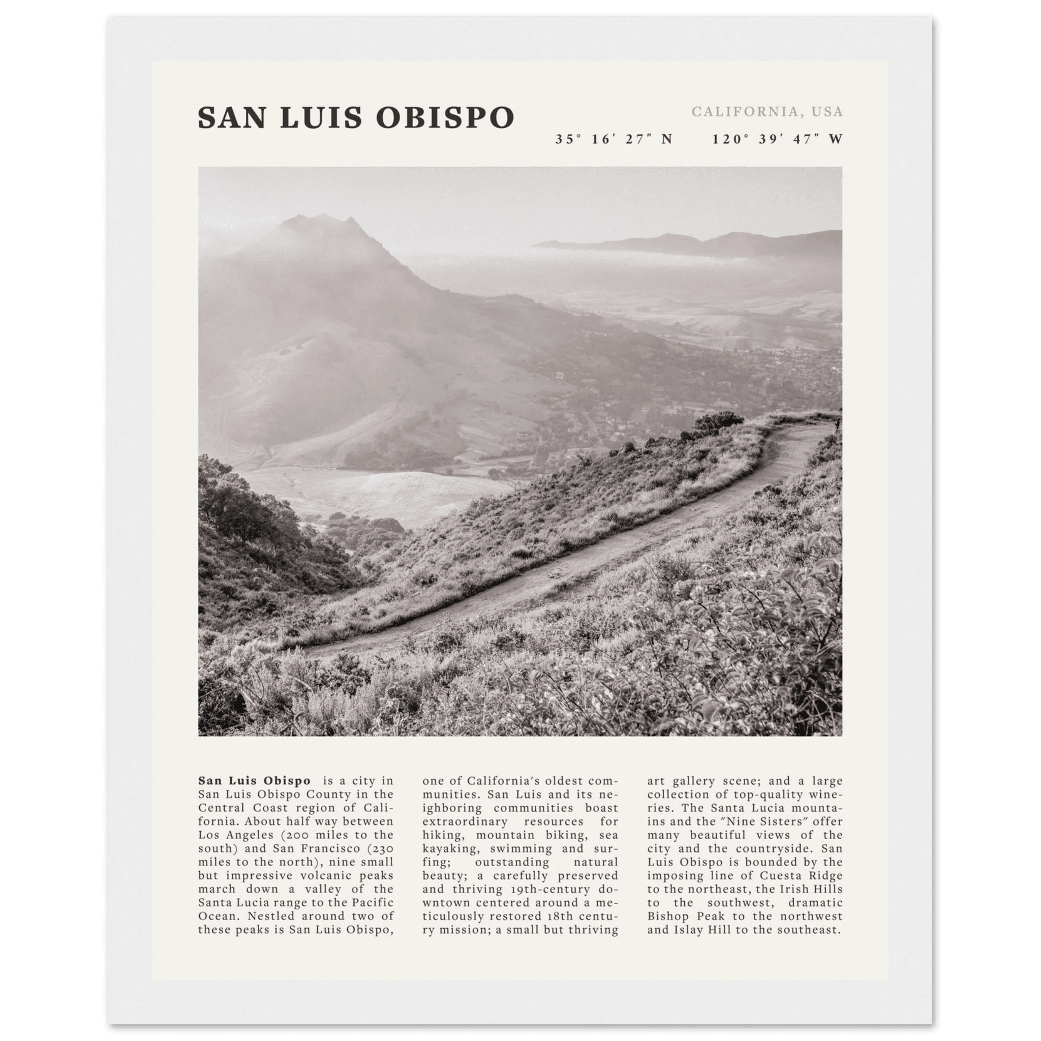 San Luis Obispo Poster | Black & White California Wall Art | SLO Travel Print - Evergreen Posters