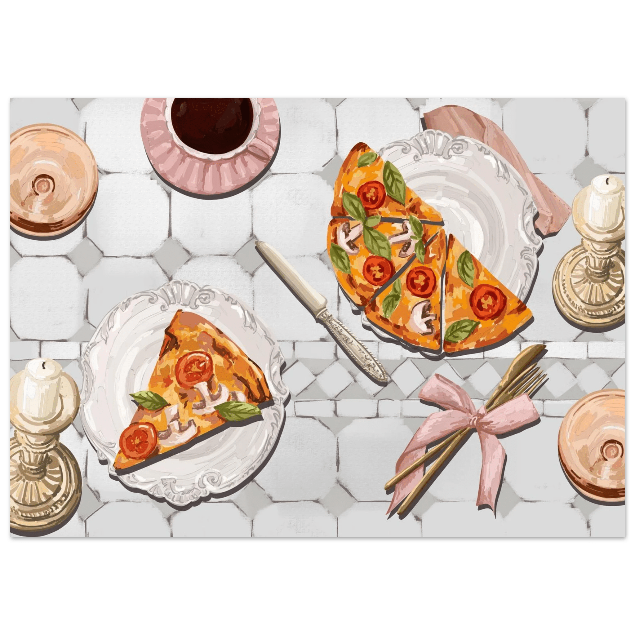 Pizza & Tea Kitchen Poster | Horizontal Food Wall Art | Italian Dining Room Print - Evergreen Posters