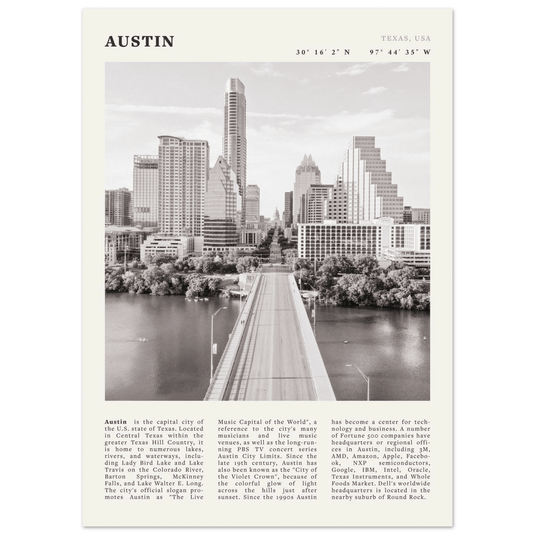 Austin Poster | Black & White Texas Skyline Wall Art | City Travel Print Decor - Evergreen Posters