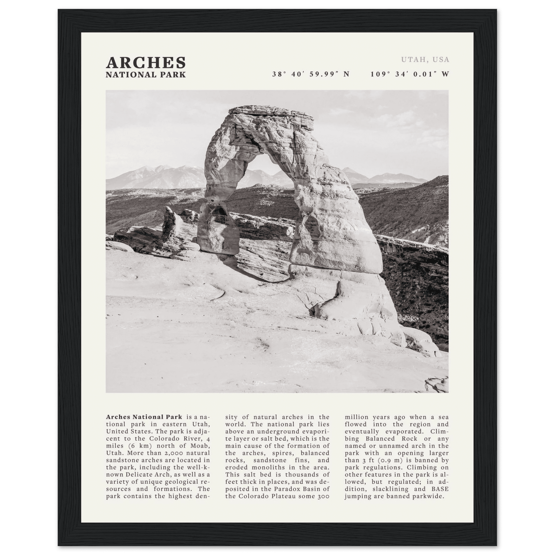 Arches National Park Poster | Black & White Utah Wall Art | Delicate Arch Print - Evergreen Posters