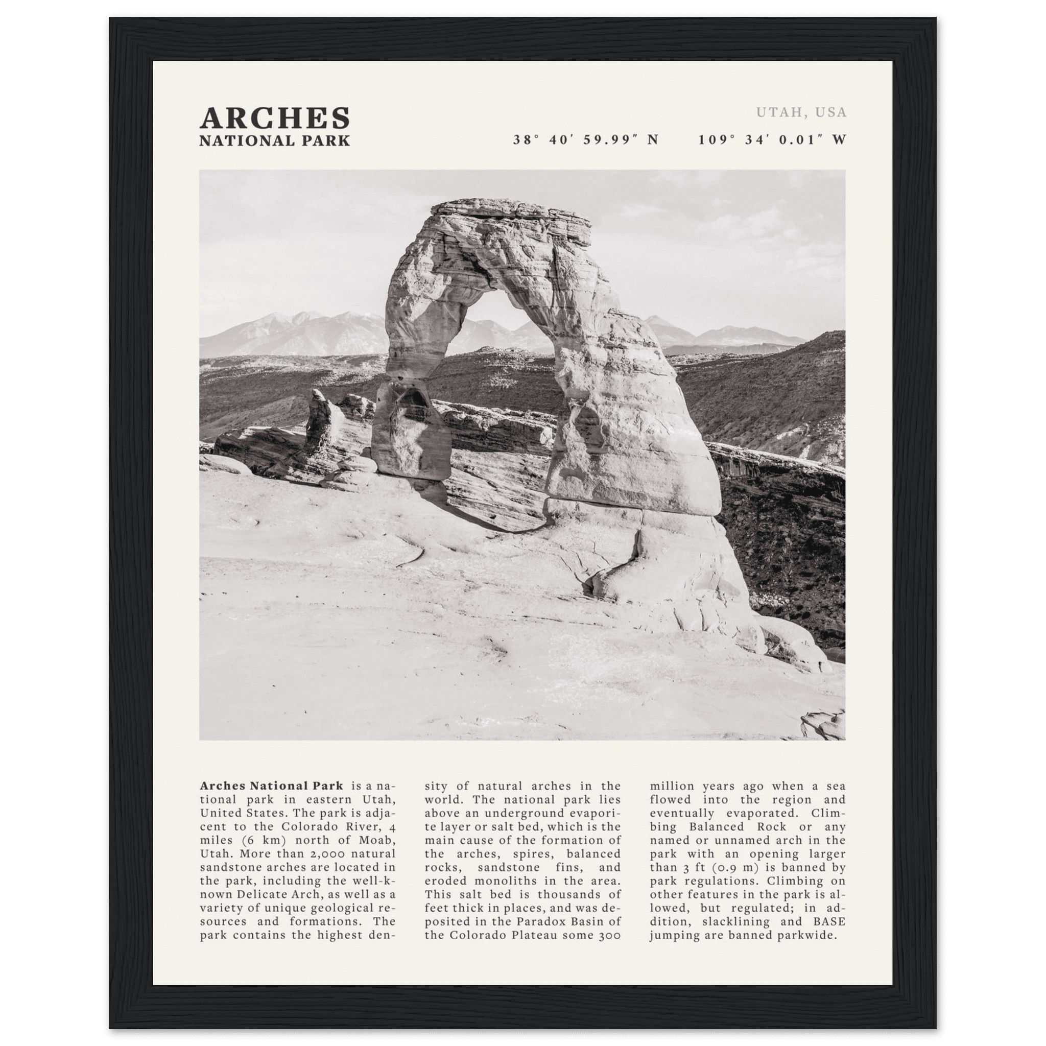 Arches National Park Poster | Black & White Utah Wall Art | Delicate Arch Print - Evergreen Posters