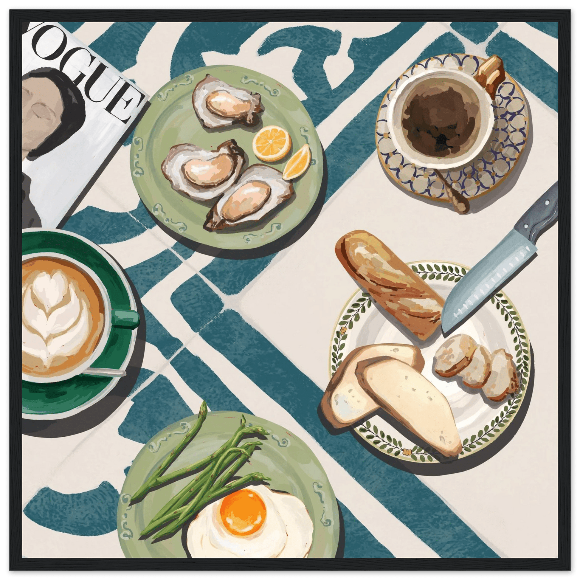 Oysters & Vogue Brunch Poster | Luxury Kitchen Wall Art | Blue Tile Square Print - Evergreen Posters - 17