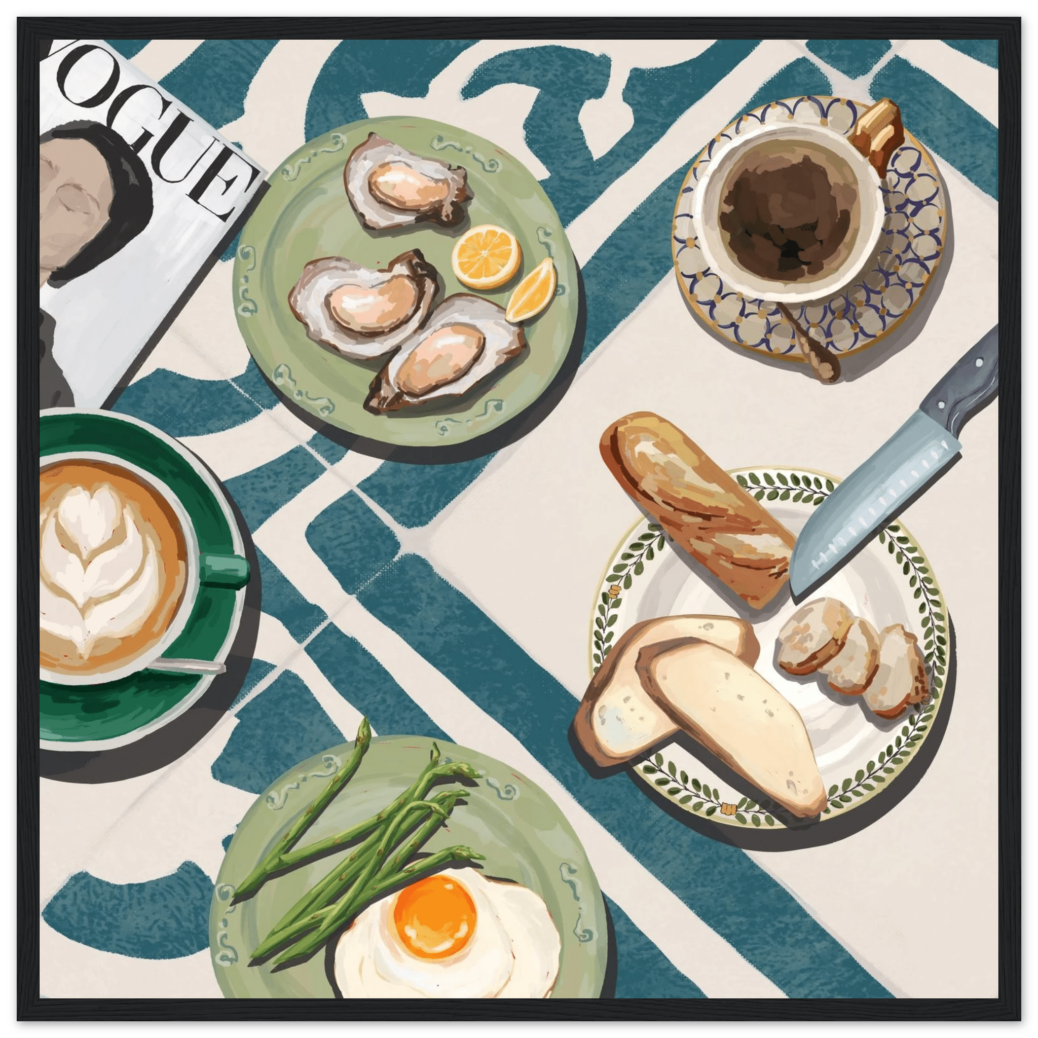 Oysters & Vogue Brunch Poster | Luxury Kitchen Wall Art | Blue Tile Square Print - Evergreen Posters - 17