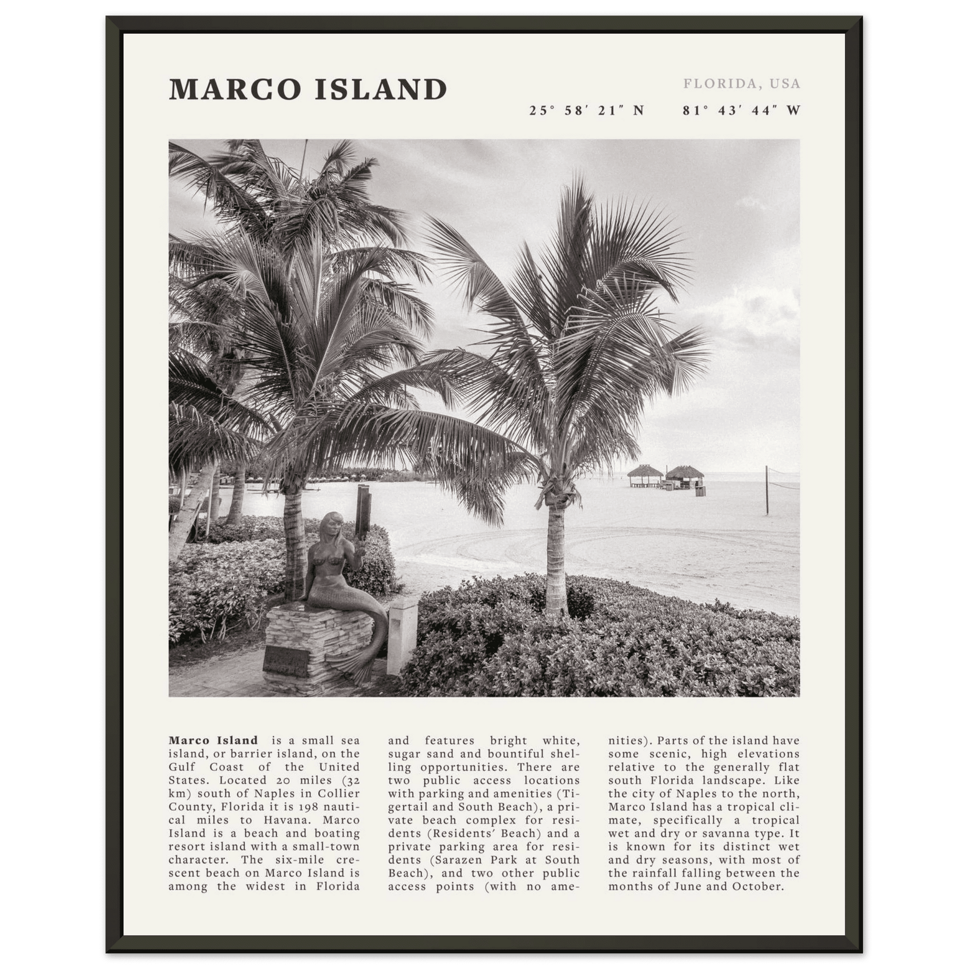 Marco Island Poster | Black & White Florida Beach Wall Art | Coastal Travel Print - Evergreen Posters