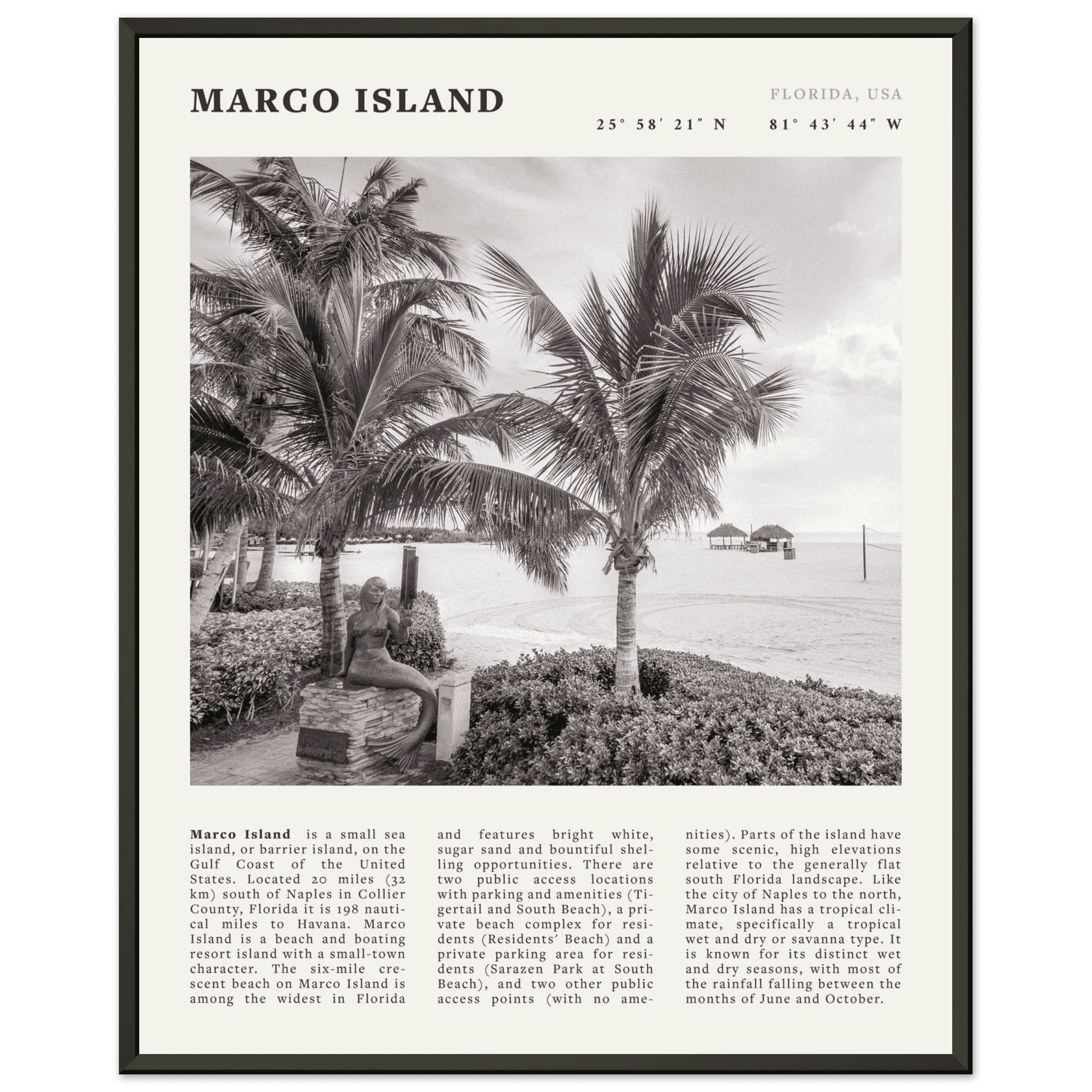 Marco Island Poster | Black & White Florida Beach Wall Art | Coastal Travel Print - Evergreen Posters