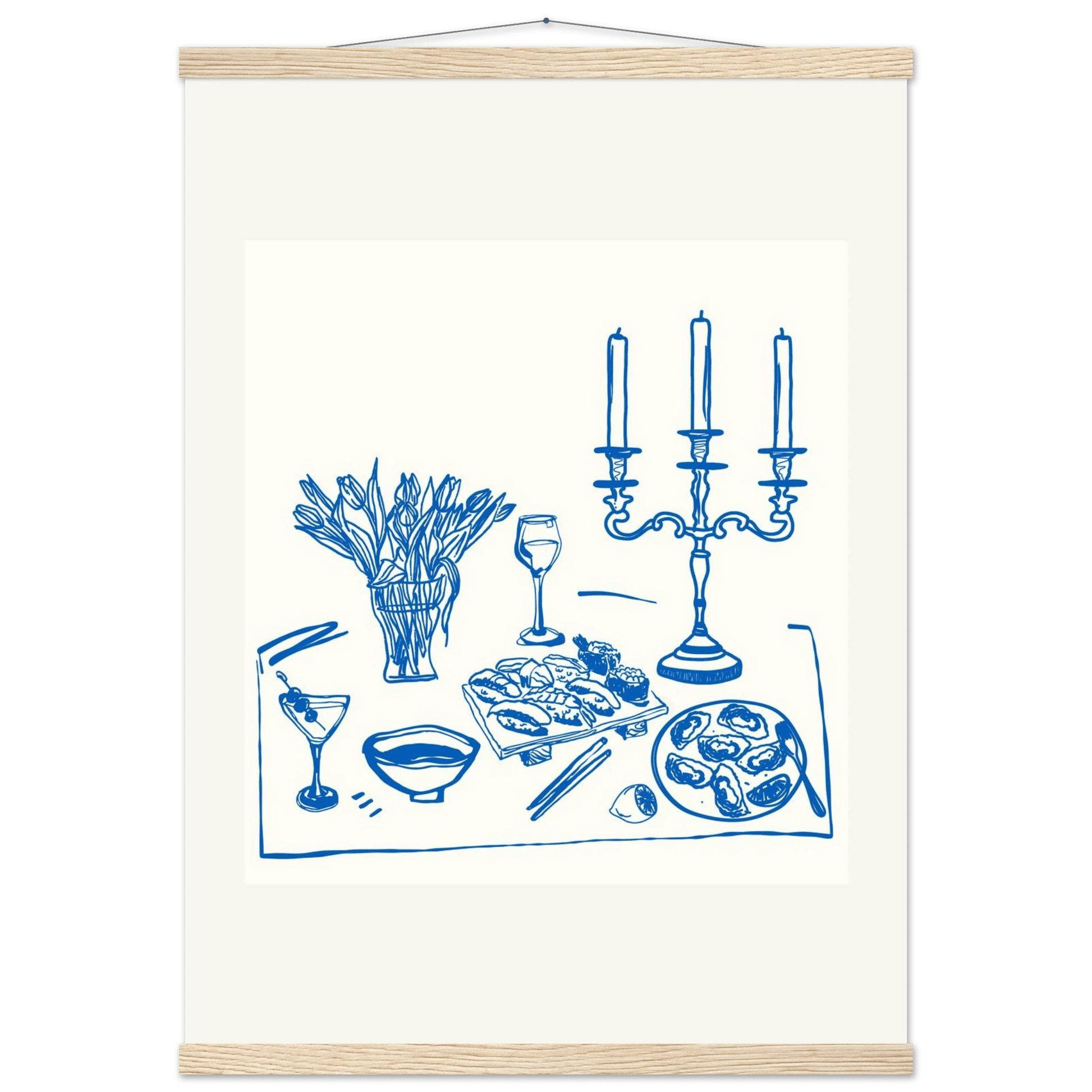Fine Dining Table Print | Blue Line Art Kitchen Wall Art | Elegant Dining Room Poster - Evergreen Posters