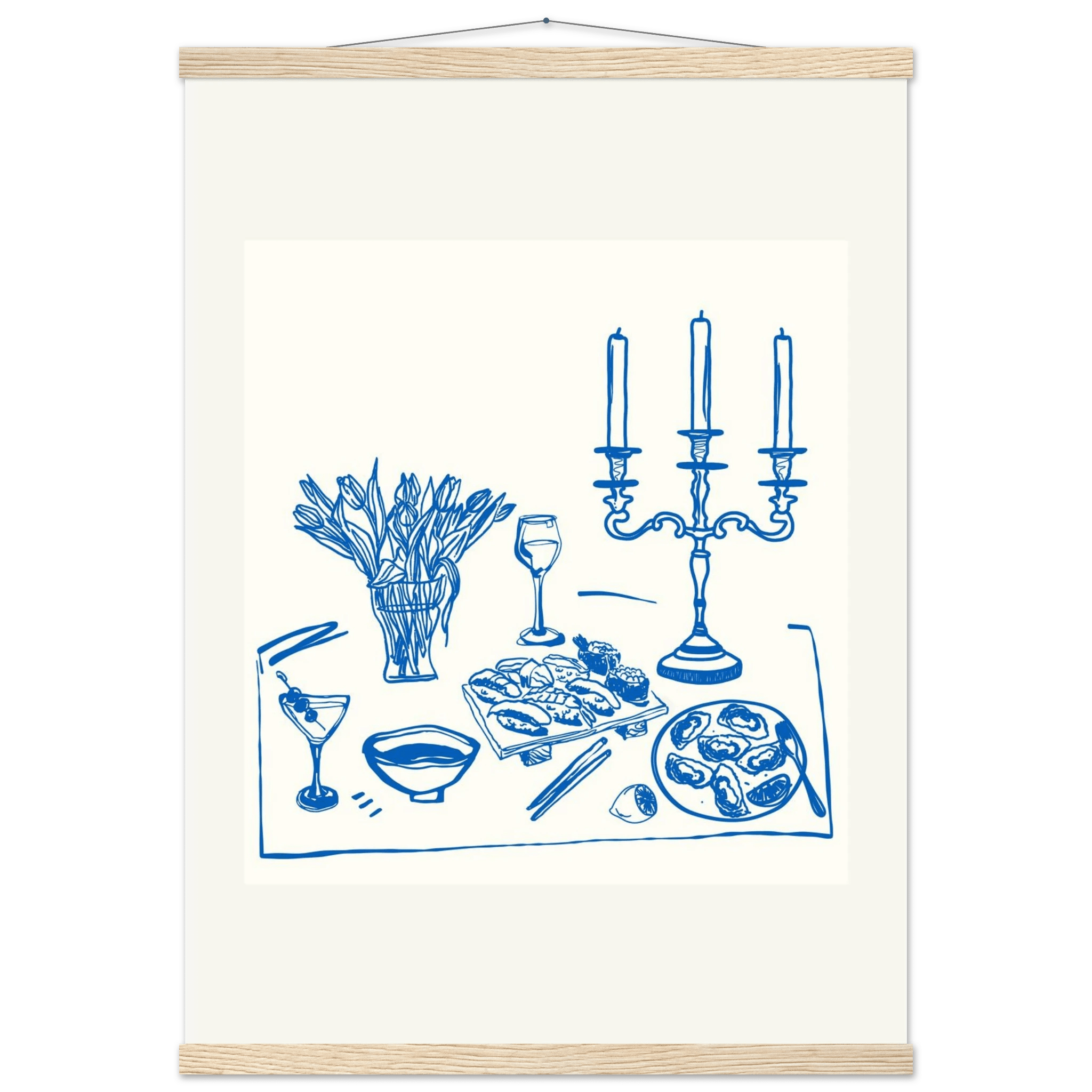 Fine Dining Table Print | Blue Line Art Kitchen Wall Art | Elegant Dining Room Poster - Evergreen Posters