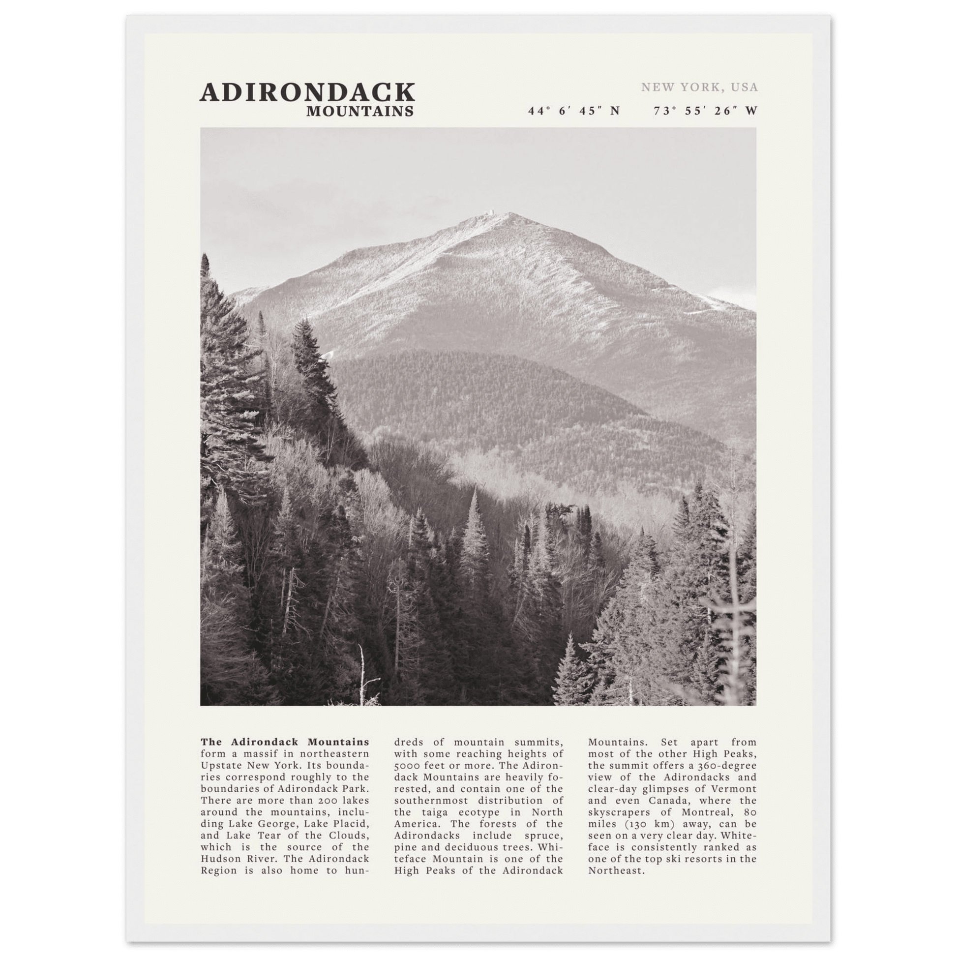 Adirondack Mountains Poster | Black & White New York Nature Wall Art | Hiking Print - Evergreen Posters