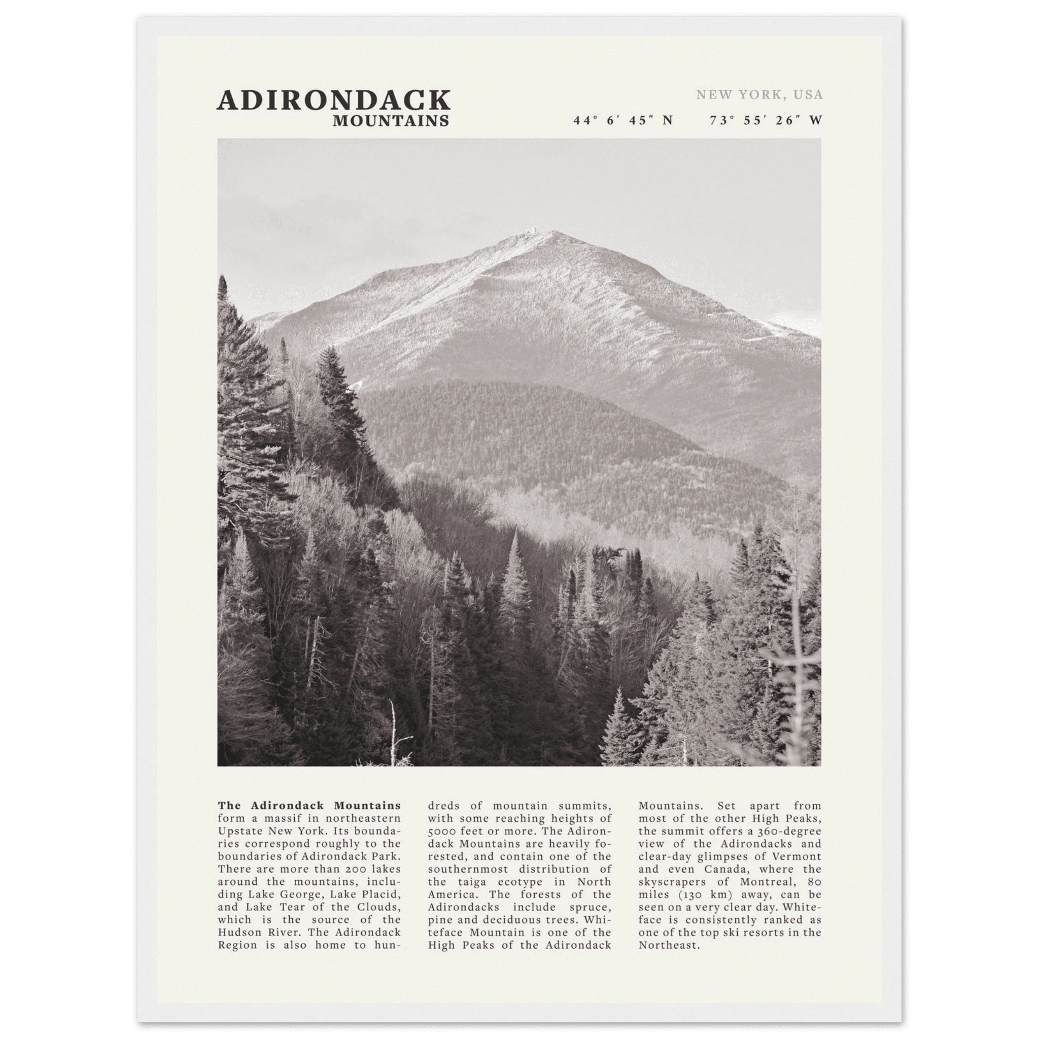 Adirondack Mountains Poster | Black & White New York Nature Wall Art | Hiking Print - Evergreen Posters