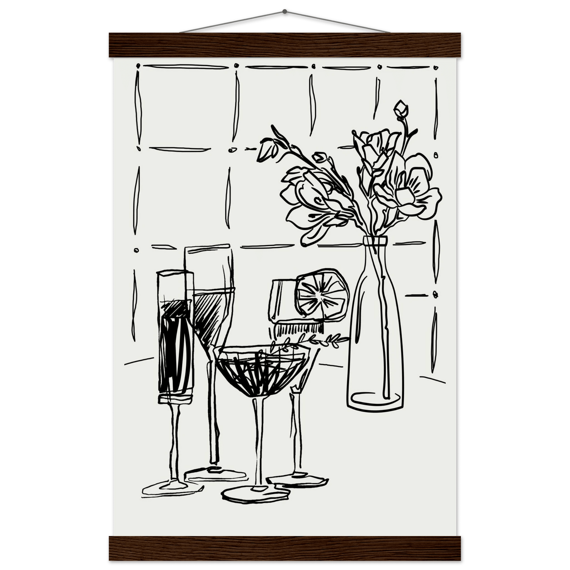 Cocktails & Flowers Print | Black Line Art Drinks Wall Art | Kitchen Bar Poster - Evergreen Posters