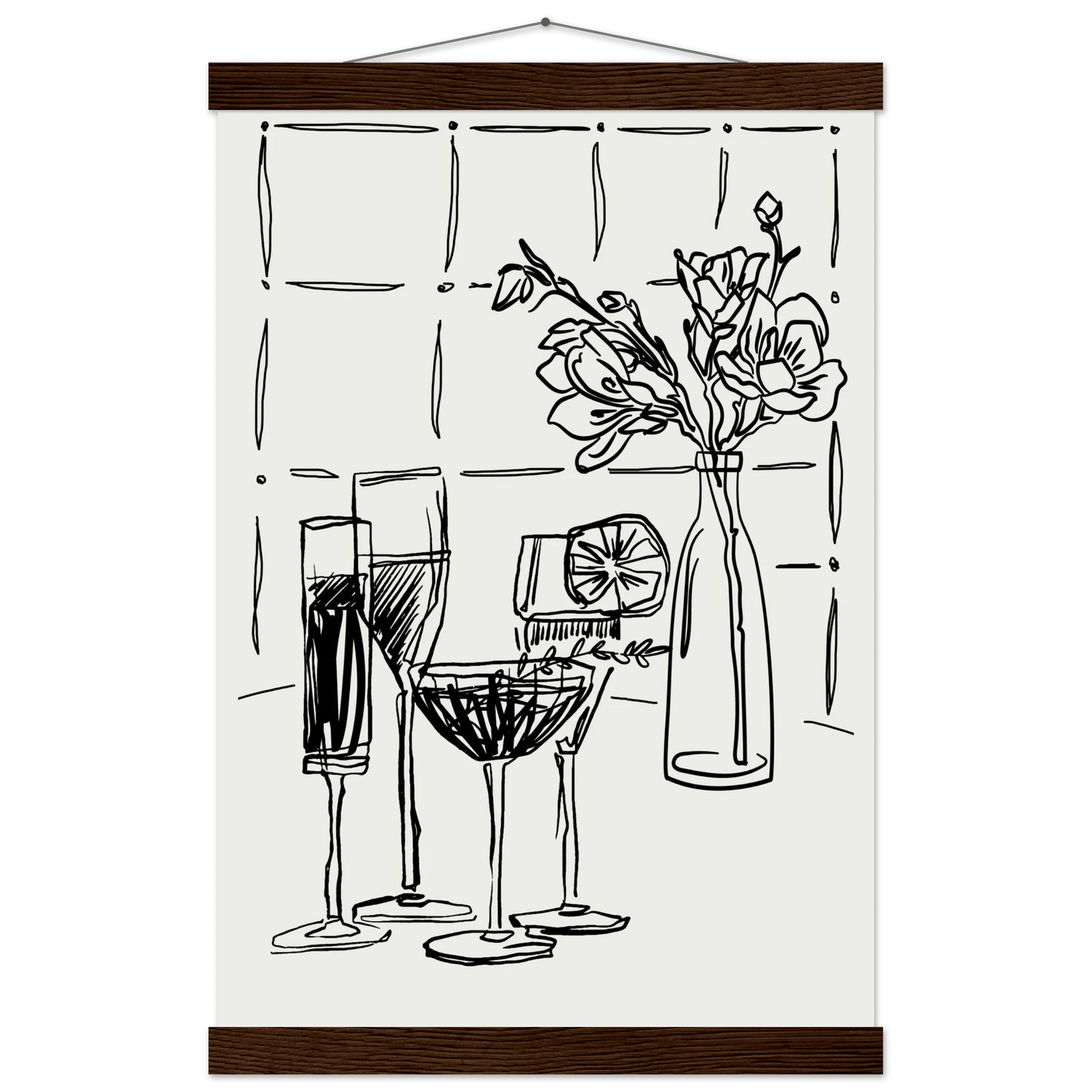 Cocktails & Flowers Print | Black Line Art Drinks Wall Art | Kitchen Bar Poster - Evergreen Posters