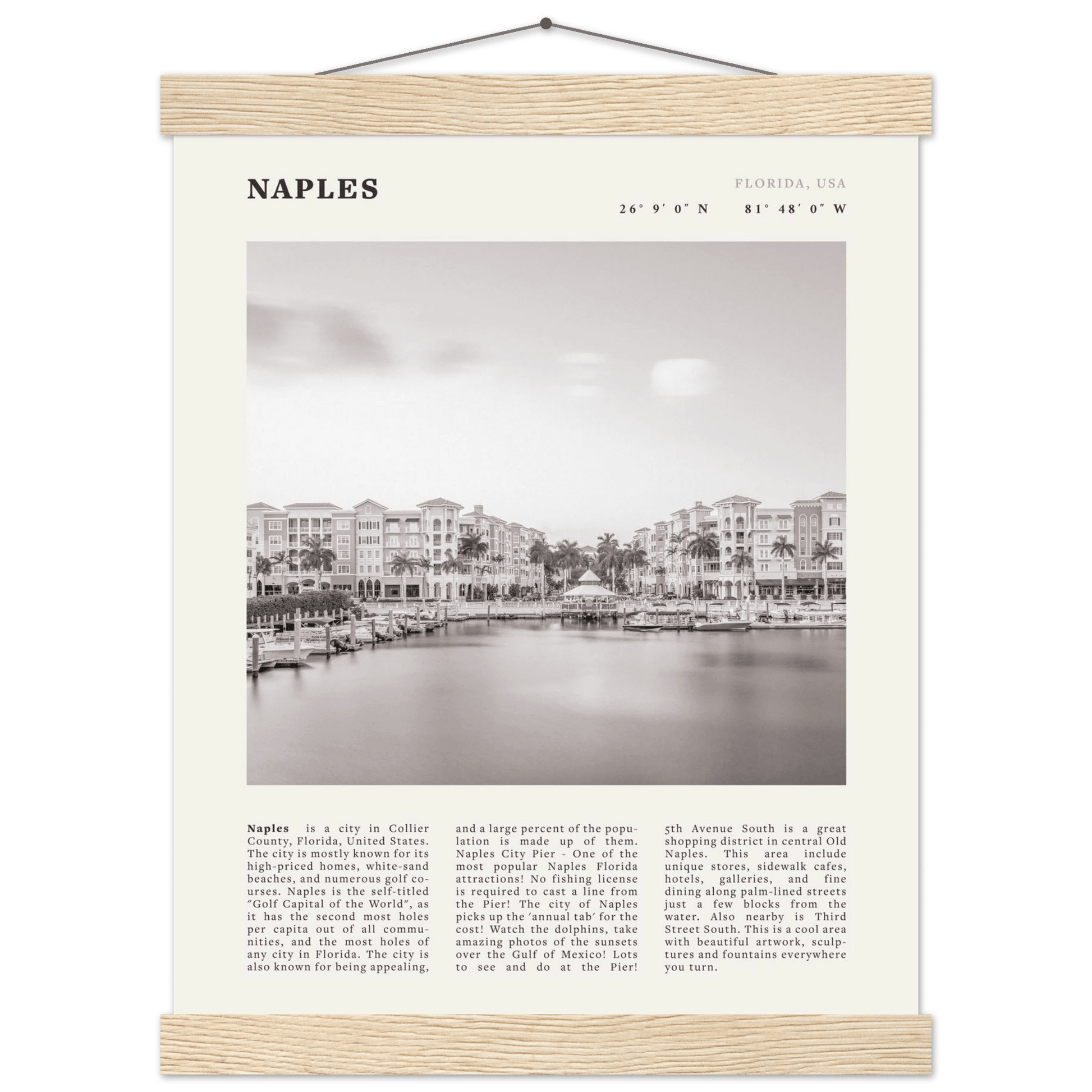 Naples Florida Poster | Black & White Gulf Coast Wall Art | FL Travel Print - Evergreen Posters