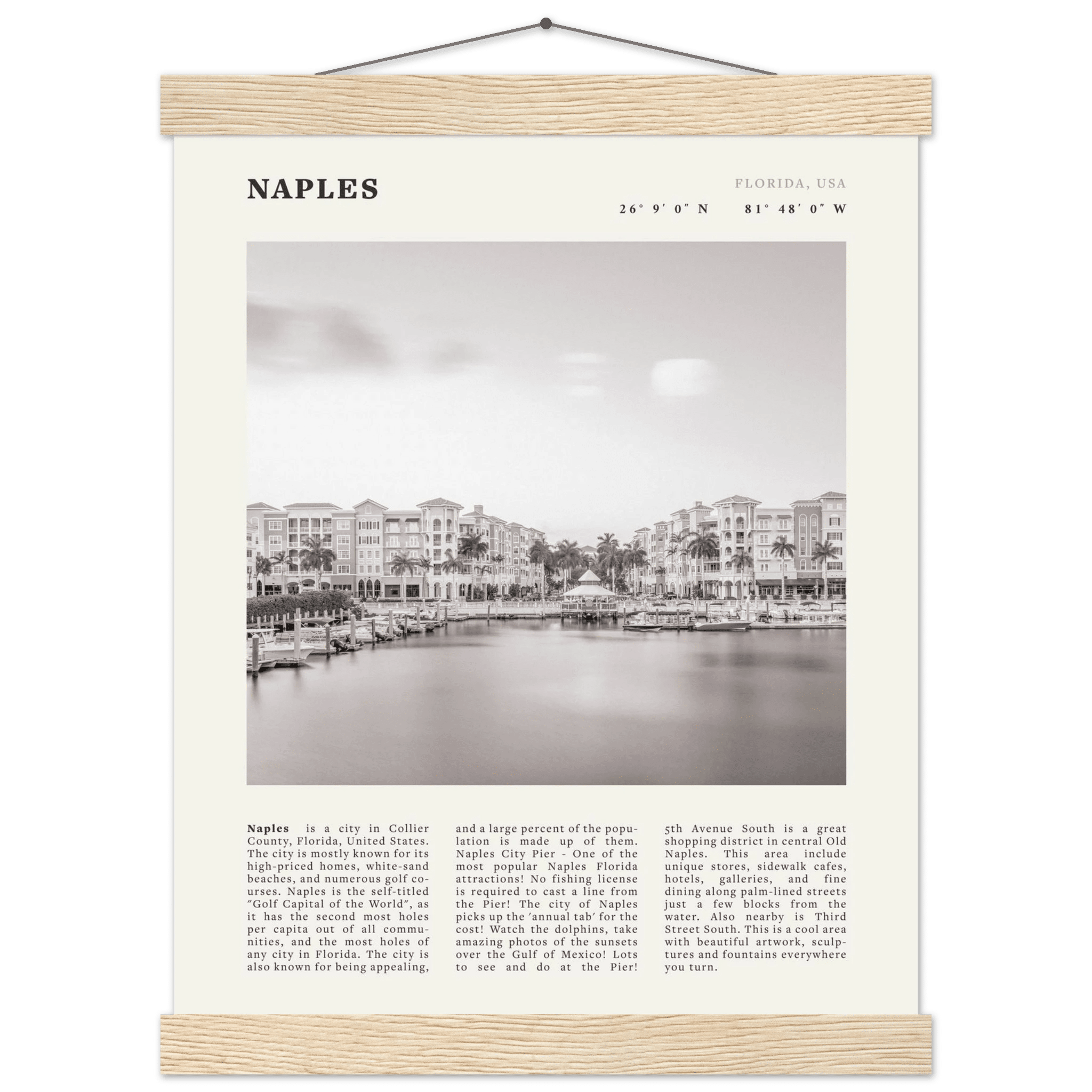 Naples Florida Poster | Black & White Gulf Coast Wall Art | FL Travel Print - Evergreen Posters