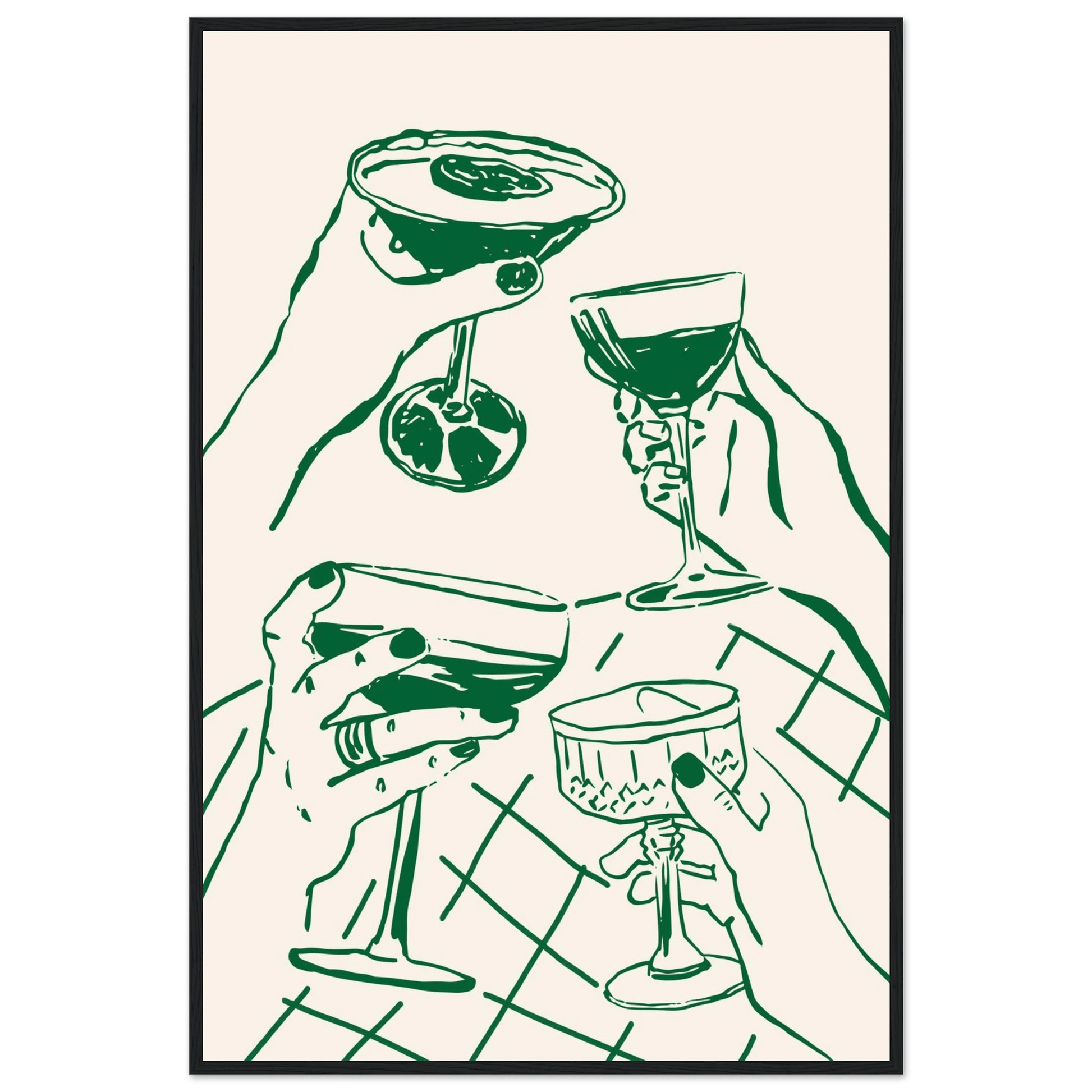 Cheers Print | Forest Green Cocktail Glasses Wall Art | Kitchen Bar Poster - Evergreen Posters