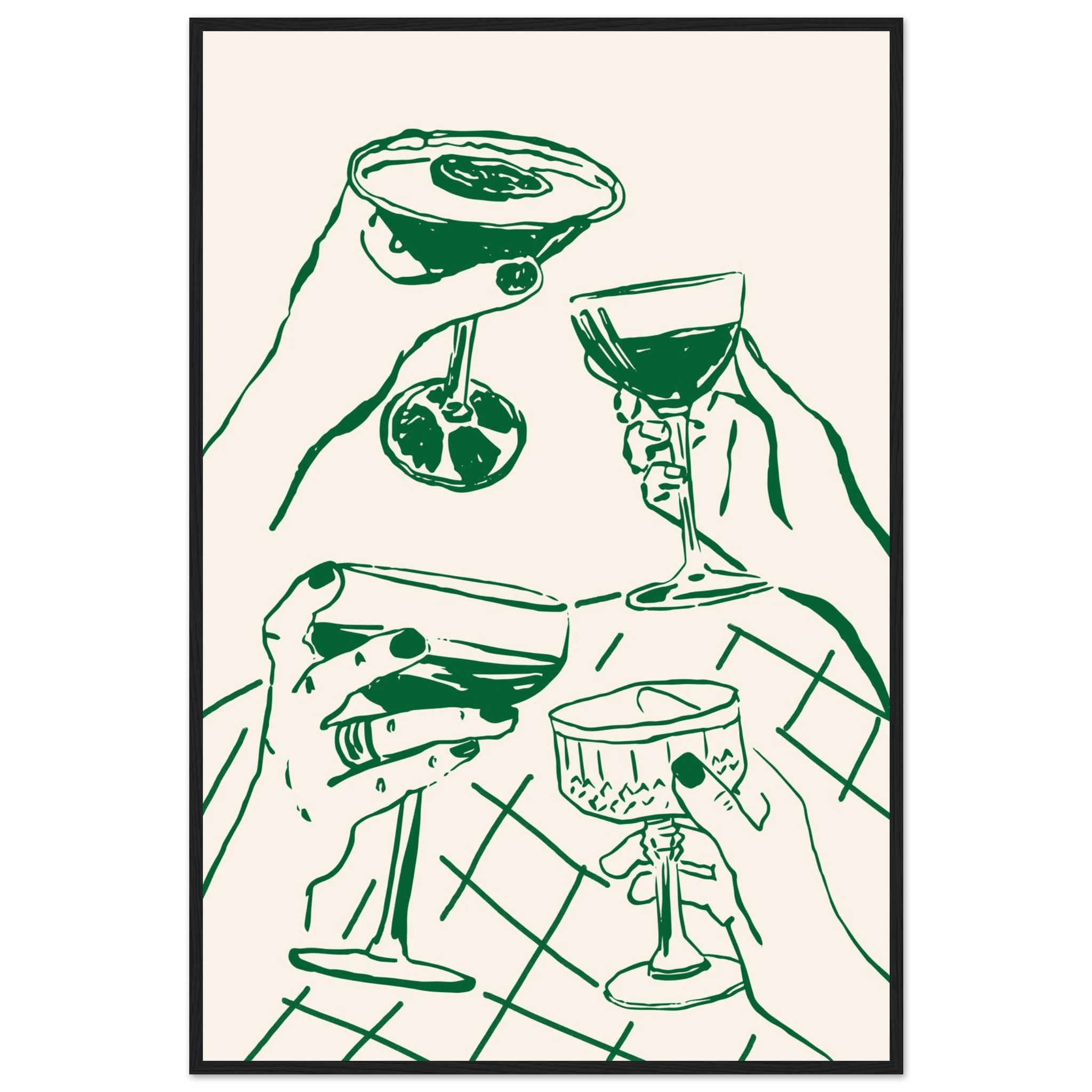 Cheers Print | Forest Green Cocktail Glasses Wall Art | Kitchen Bar Poster - Evergreen Posters