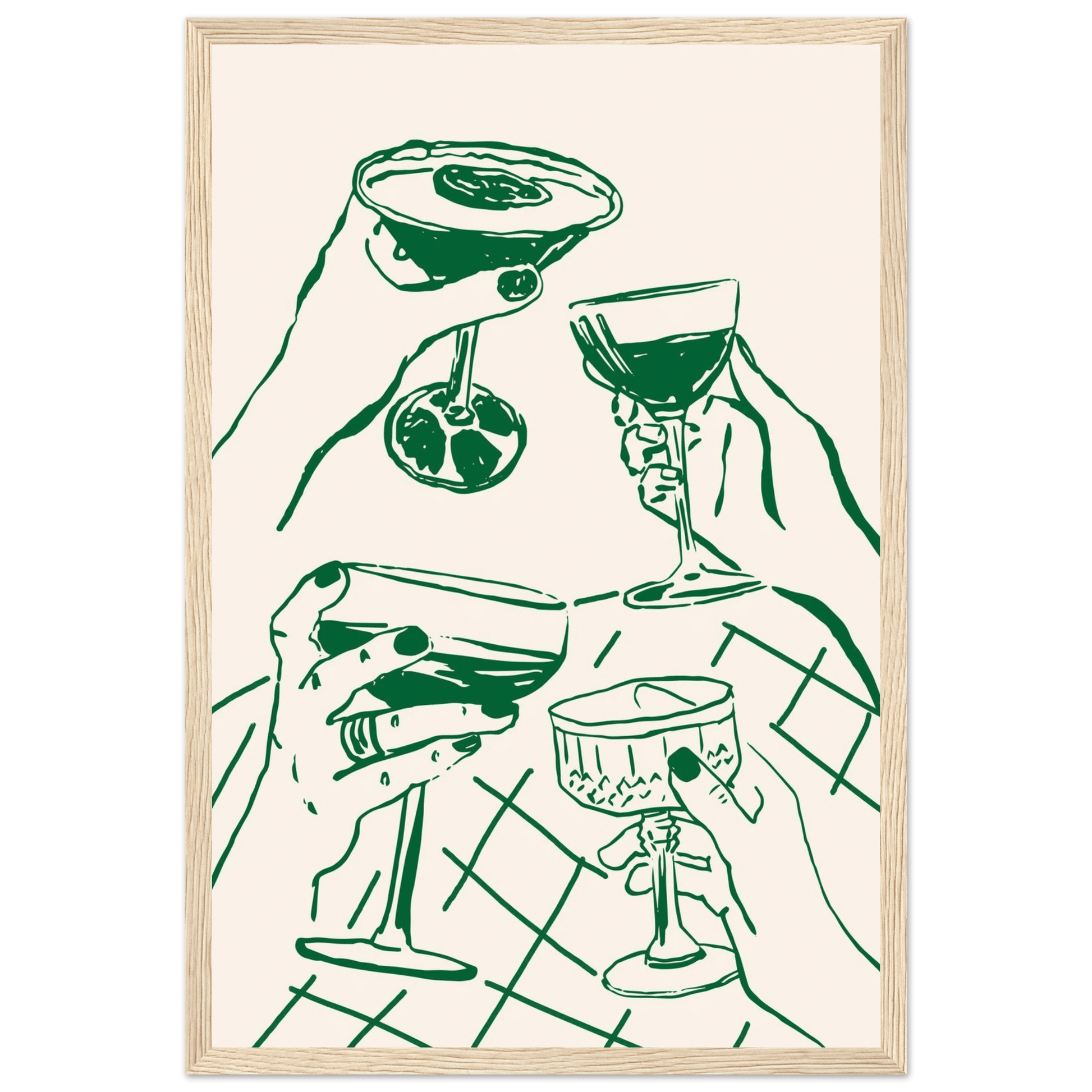 Cheers Print | Forest Green Cocktail Glasses Wall Art | Kitchen Bar Poster - Evergreen Posters