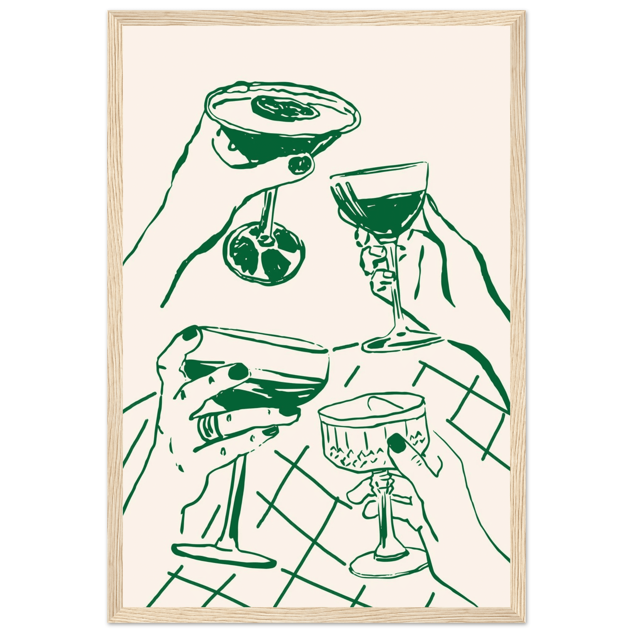 Cheers Print | Forest Green Cocktail Glasses Wall Art | Kitchen Bar Poster - Evergreen Posters