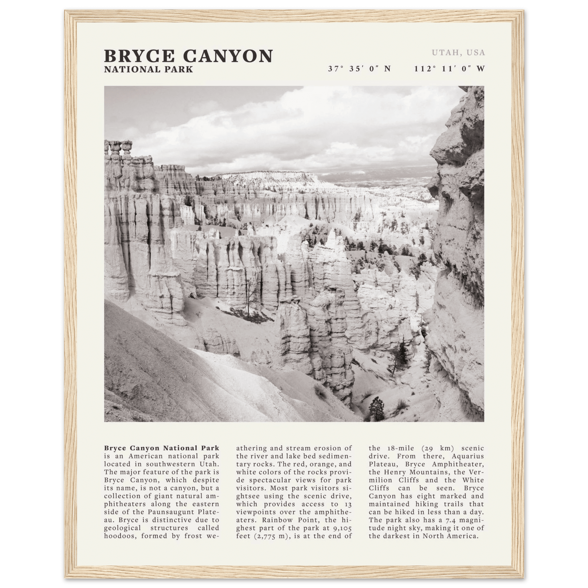 Bryce Canyon National Park Poster | Black & White Utah Hoodoos Wall Art Print - Evergreen Posters - 32