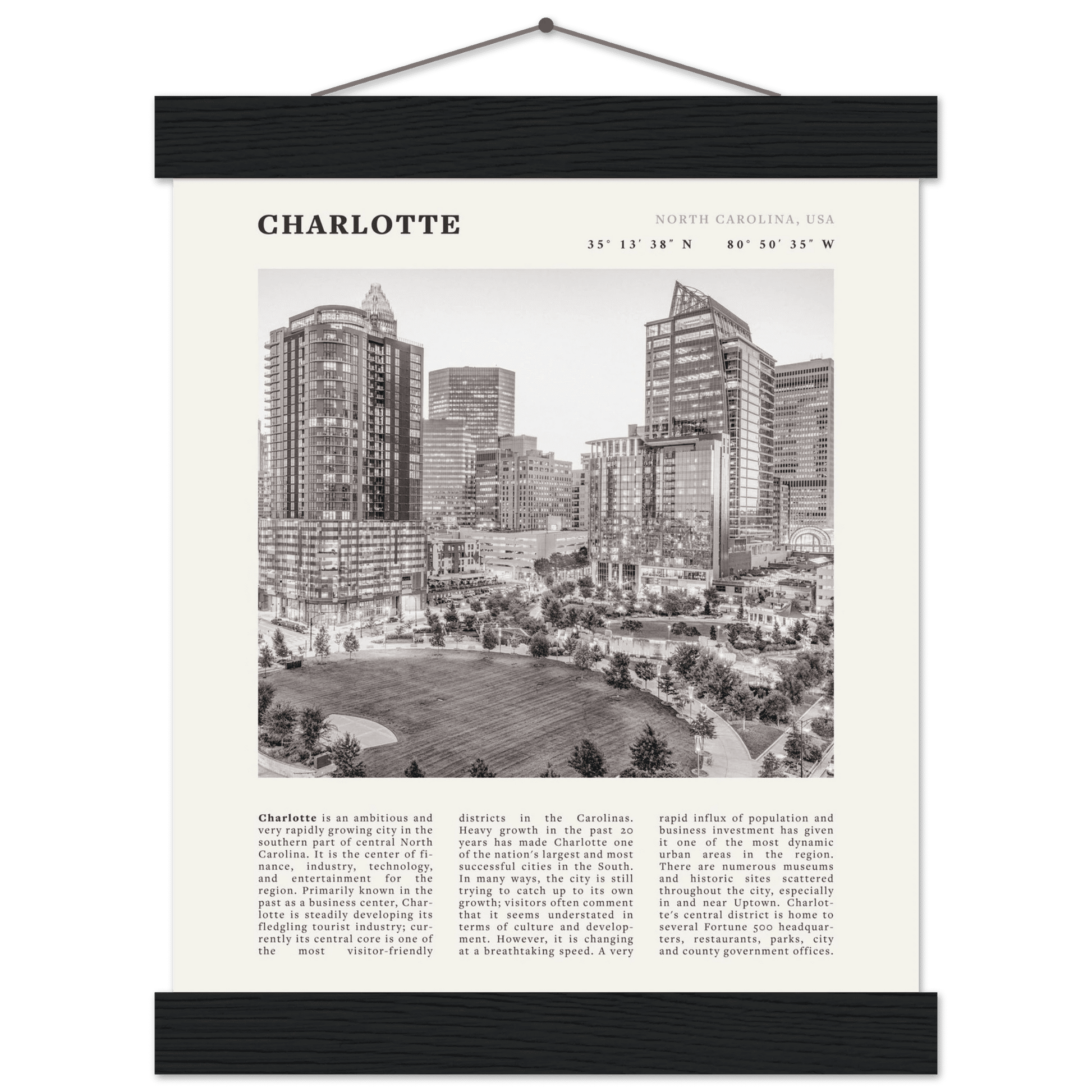 Charlotte Poster | Black & White North Carolina Skyline Wall Art | NC Travel Print - Evergreen Posters