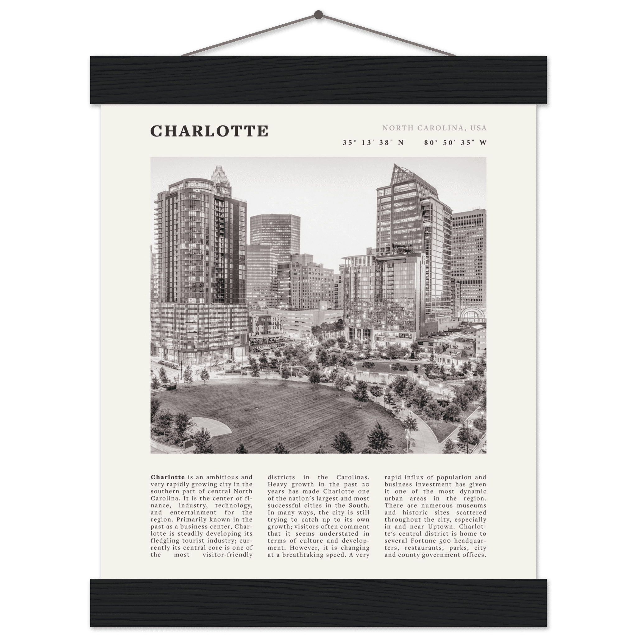 Charlotte Poster | Black & White North Carolina Skyline Wall Art | NC Travel Print - Evergreen Posters
