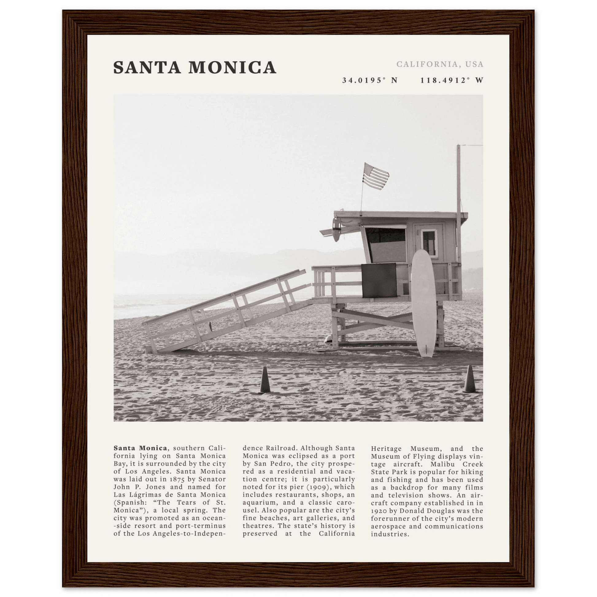 Santa Monica Poster | Black & White California Wall Art | Beach Travel Print | Coastal Decor - Evergreen Posters