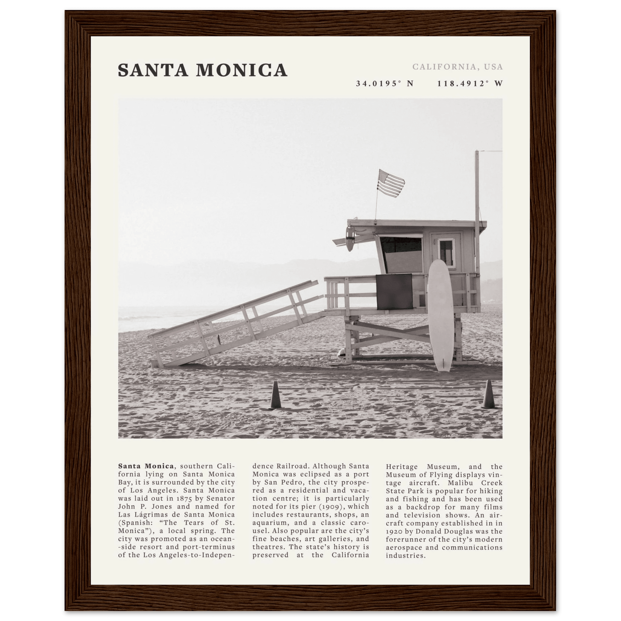 Santa Monica Poster | Black & White California Wall Art | Beach Travel Print | Coastal Decor - Evergreen Posters