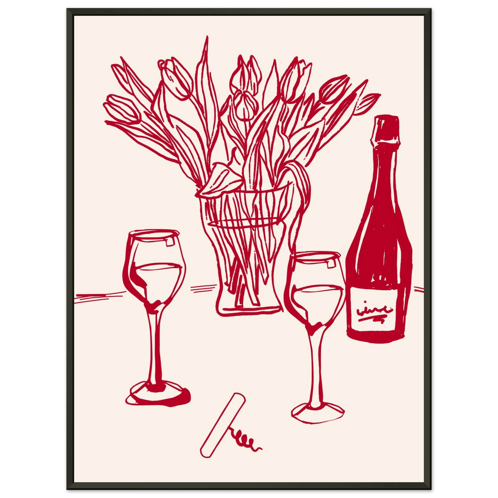 Red Wine & Tulips Print | Line Art Wine Bottle Wall Art | Kitchen Poster - Evergreen Posters