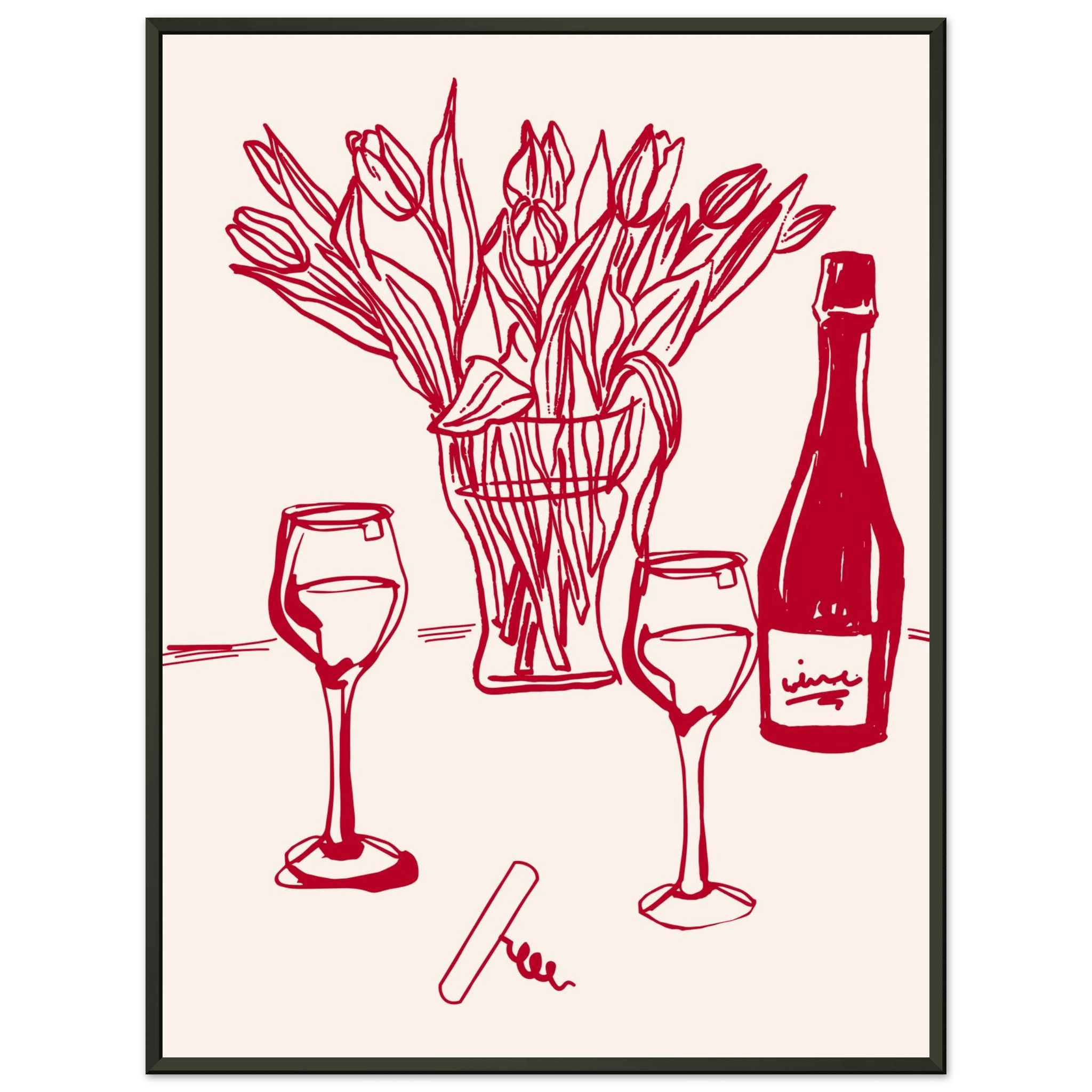 Red Wine & Tulips Print | Line Art Wine Bottle Wall Art | Kitchen Poster - Evergreen Posters