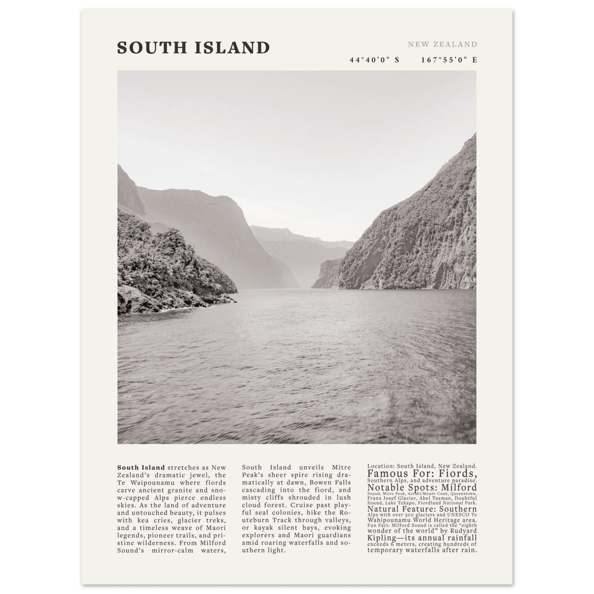 South Island New Zealand Poster Black and White – Vintage Milford Sound Fjord Print - Evergreen Posters
