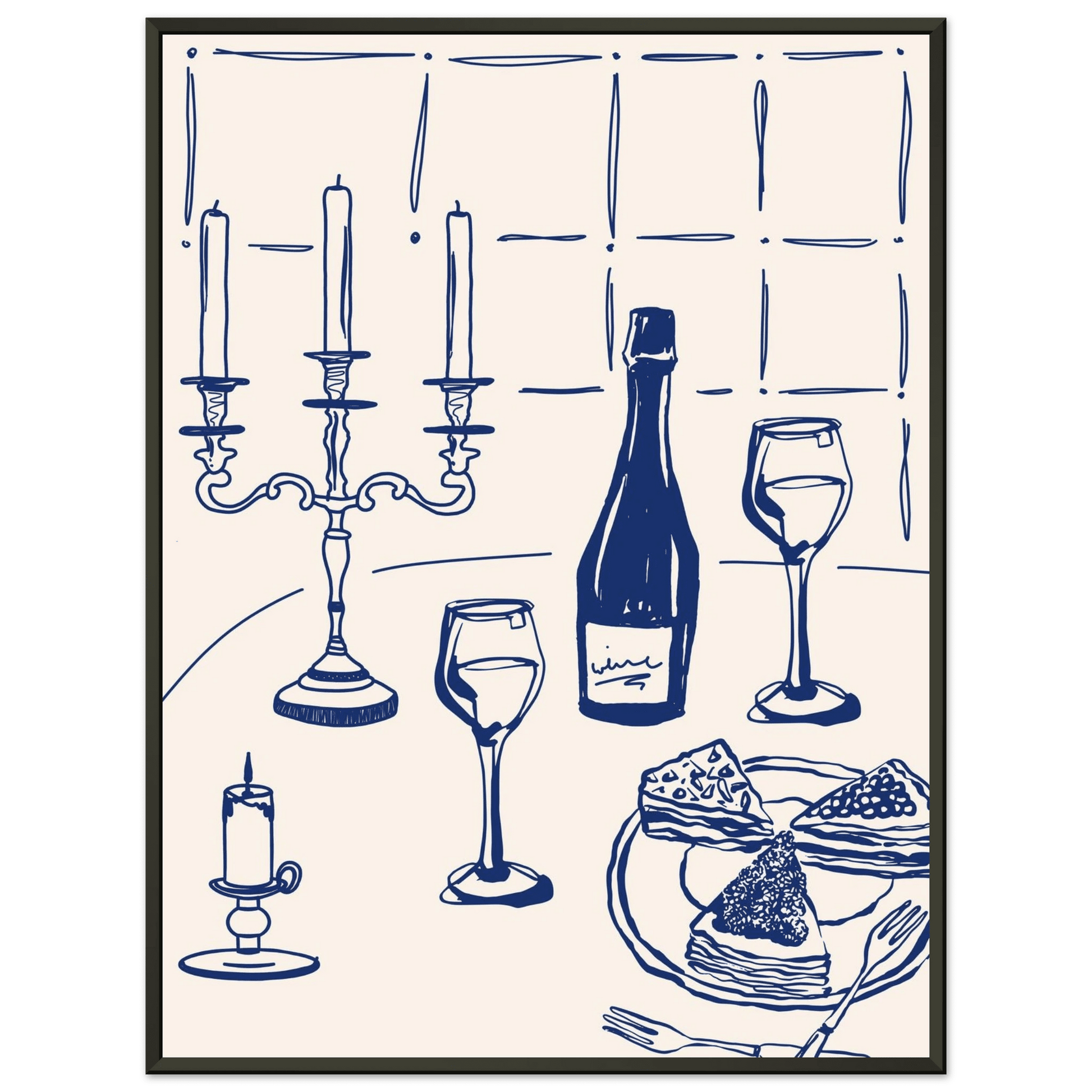 Candlelight Dinner Print | Navy Blue Wine & Candelabra Line Art | Kitchen Poster - Evergreen Posters