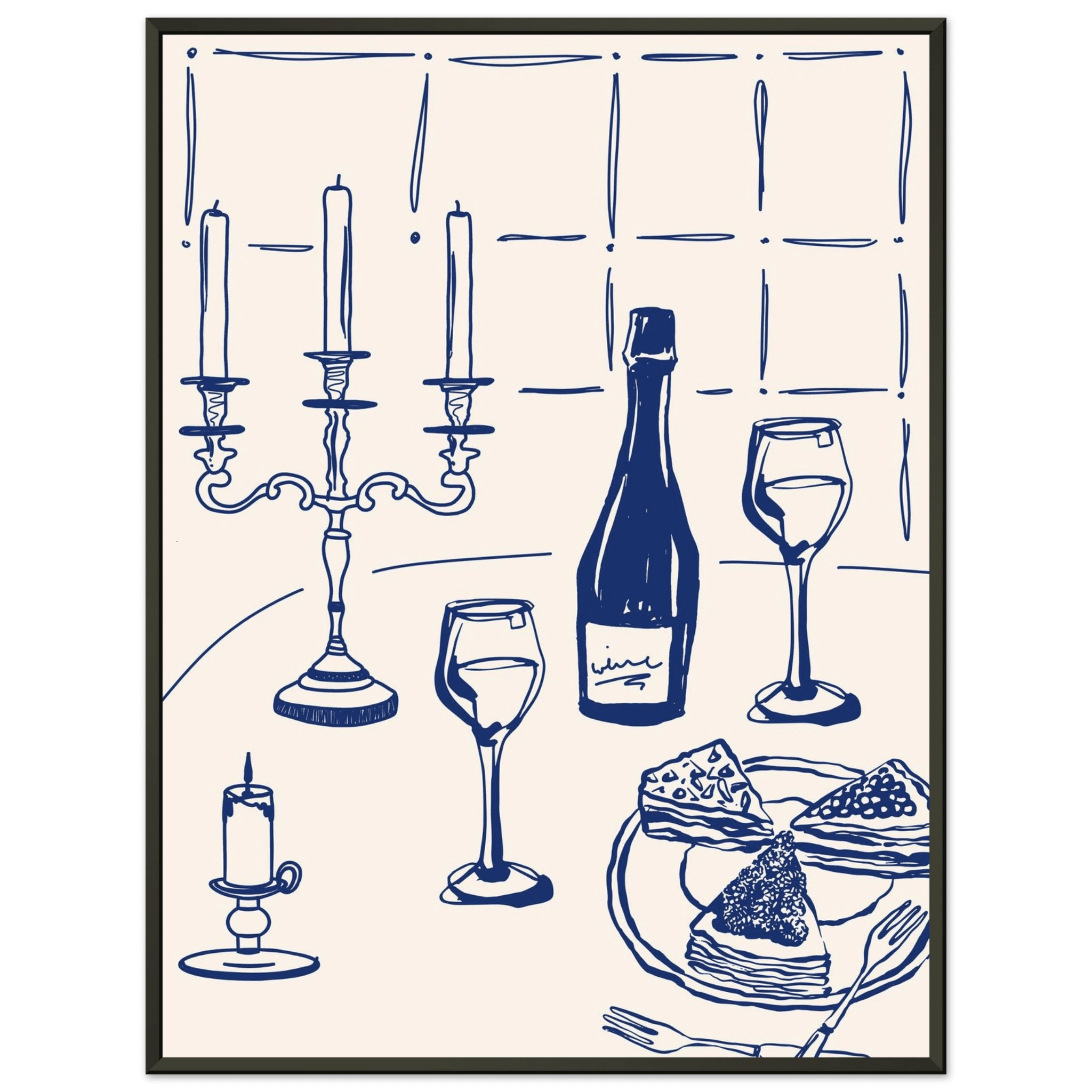 Candlelight Dinner Print | Navy Blue Wine & Candelabra Line Art | Kitchen Poster - Evergreen Posters