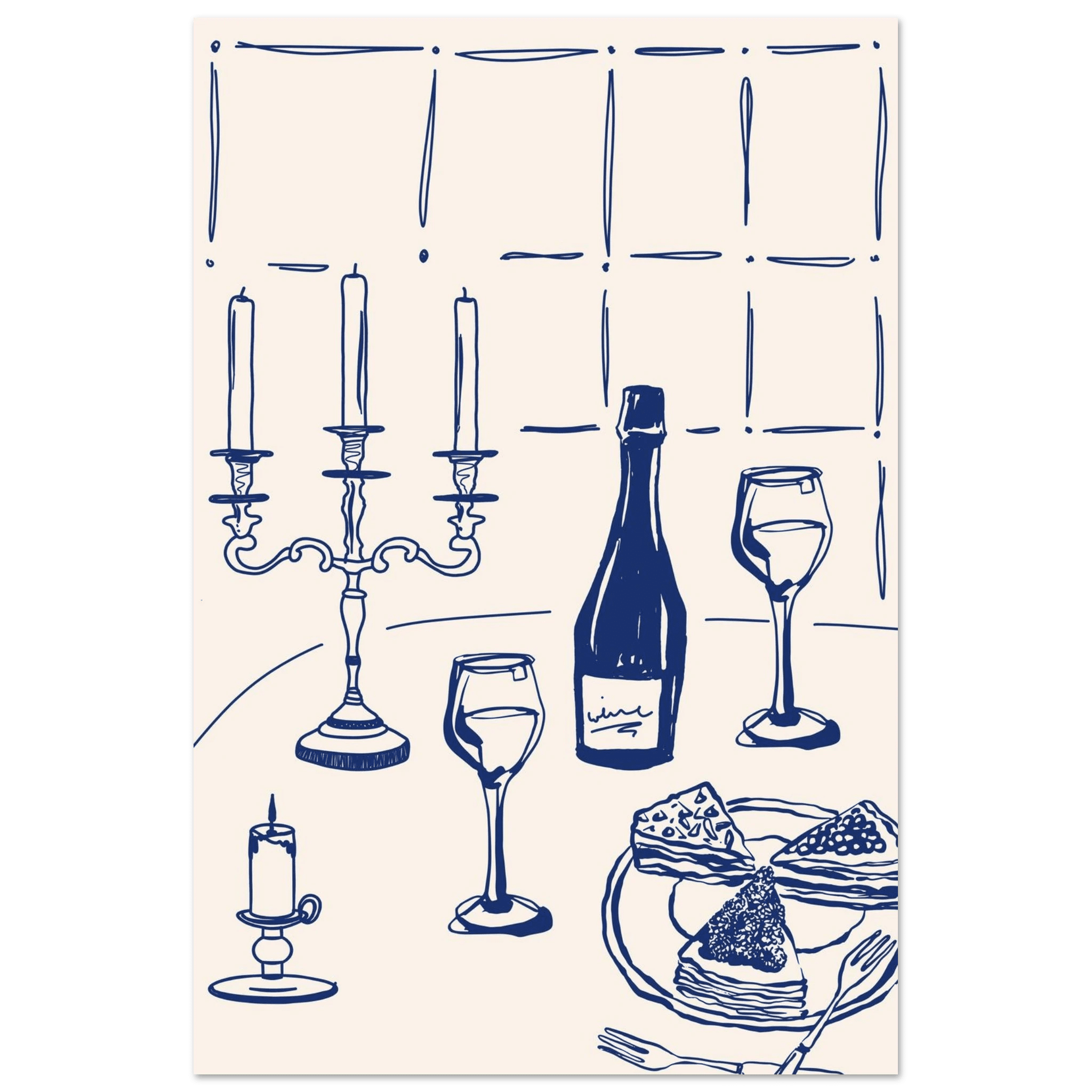 Candlelight Dinner Print | Navy Blue Wine & Candelabra Line Art | Kitchen Poster - Evergreen Posters