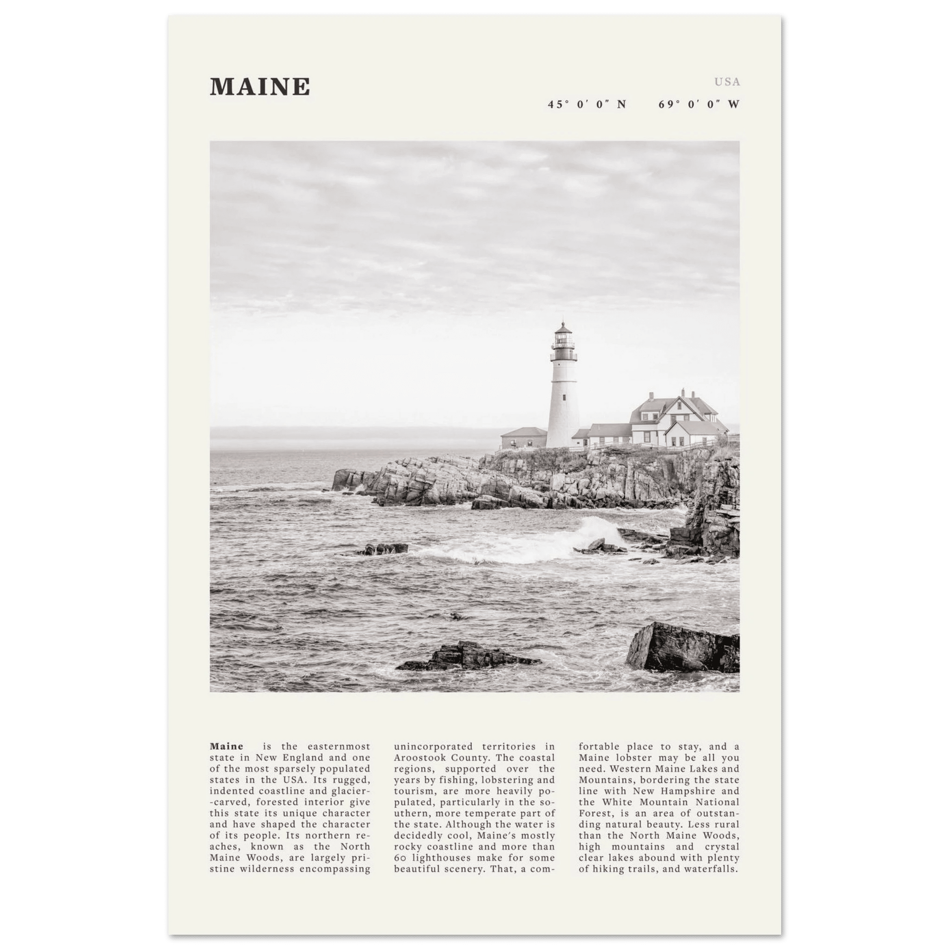 Maine Poster | Black & White Lighthouse Wall Art | New England Coastal Travel Print - Evergreen Posters