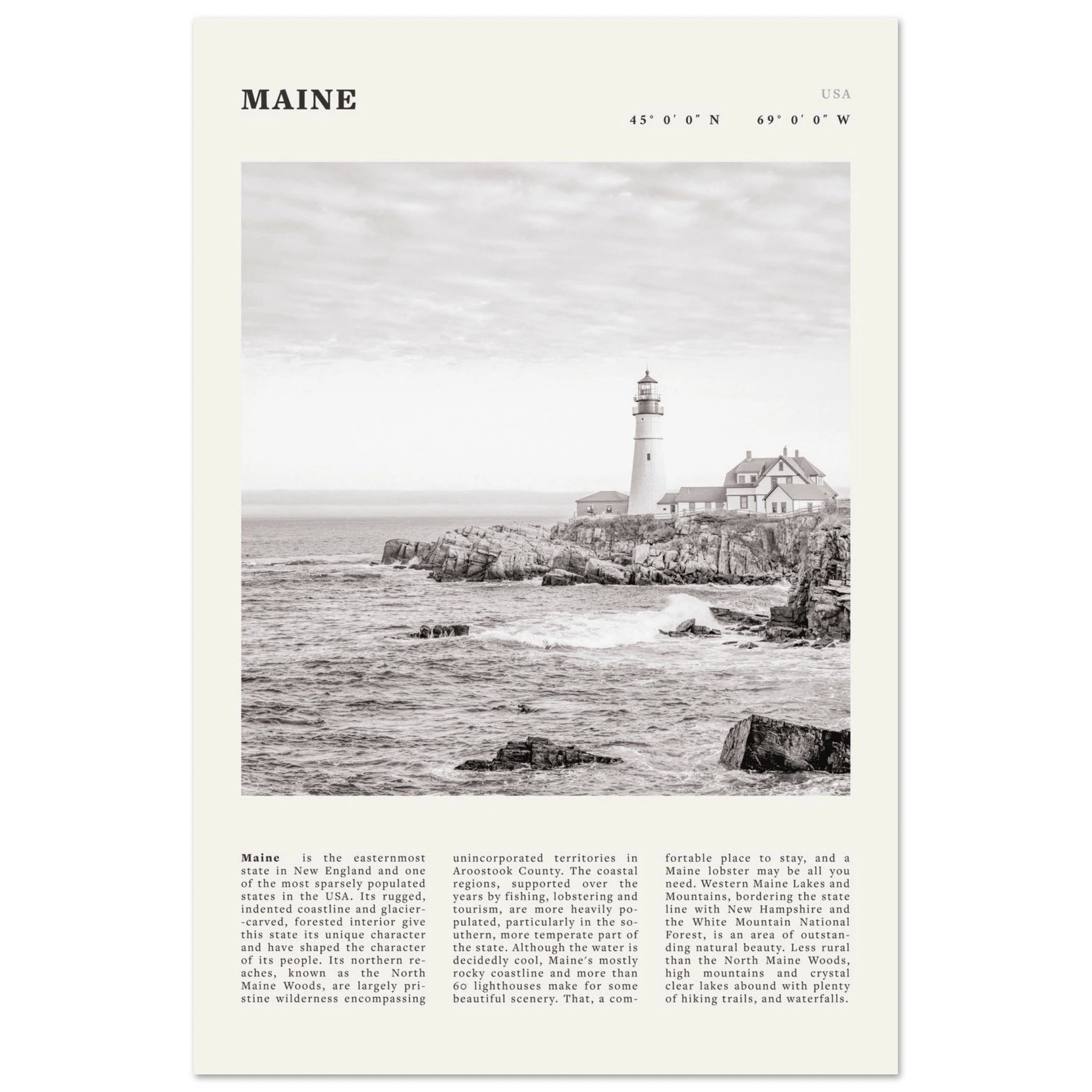 Maine Poster | Black & White Lighthouse Wall Art | New England Coastal Travel Print - Evergreen Posters