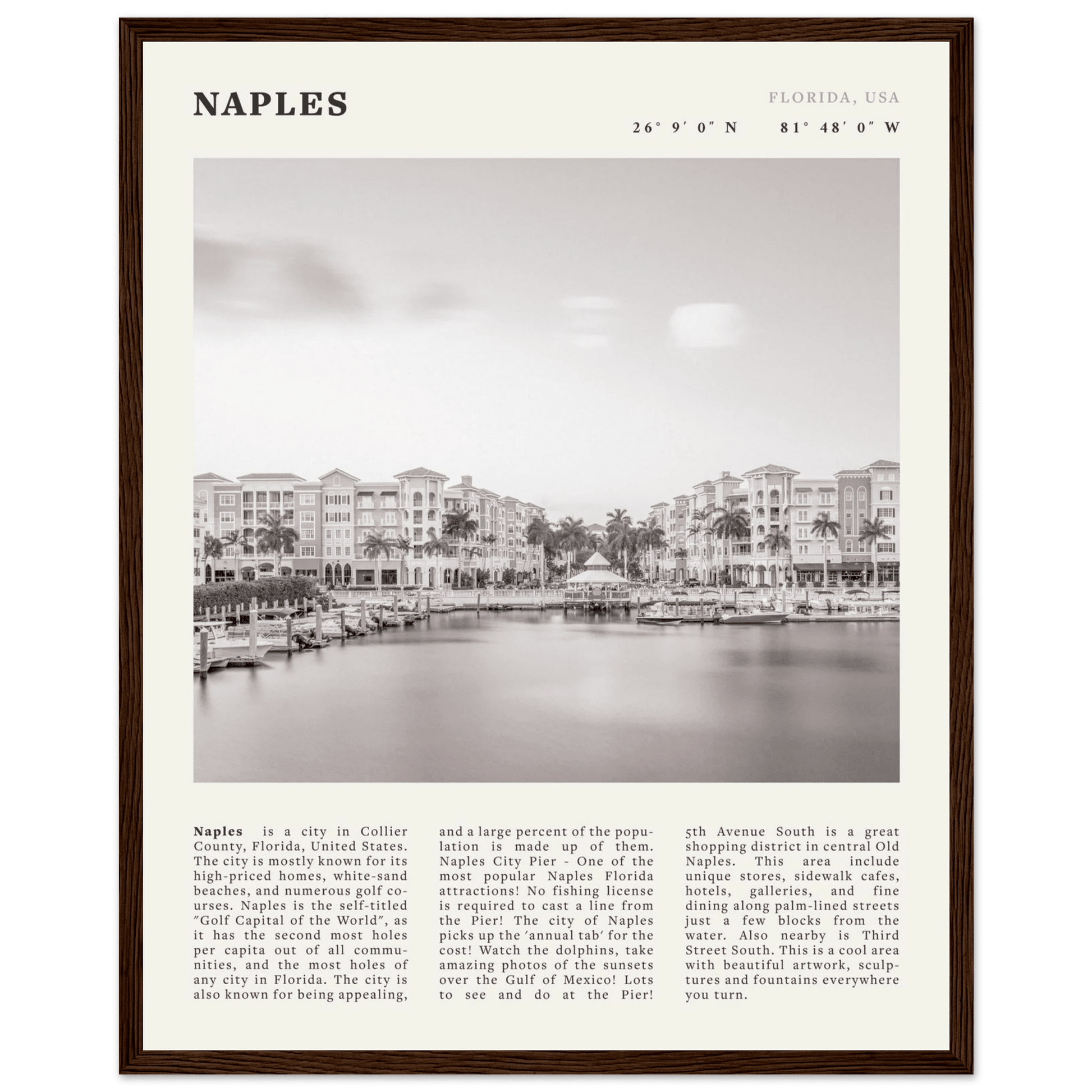 Naples Florida Poster | Black & White Gulf Coast Wall Art | FL Travel Print - Evergreen Posters