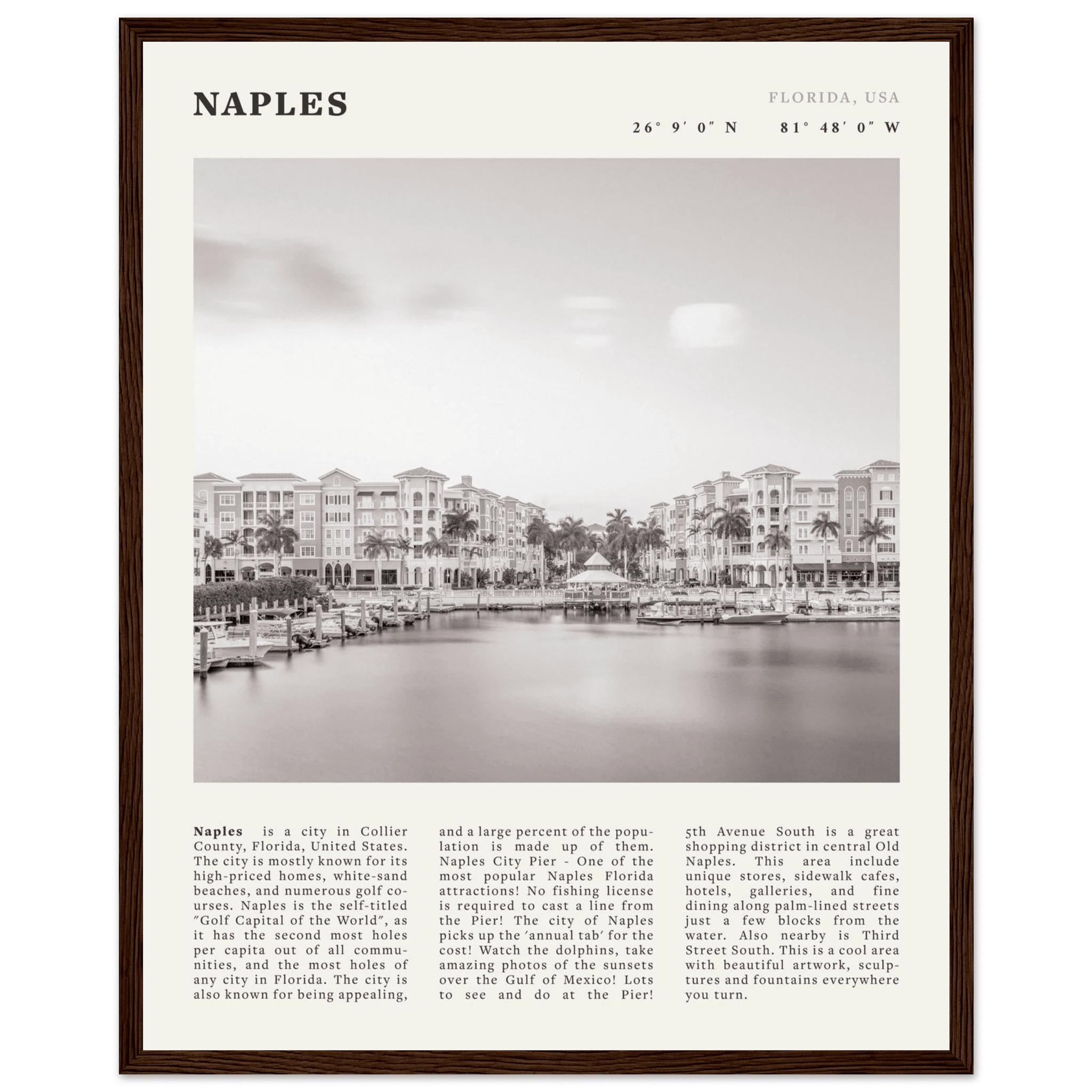 Naples Florida Poster | Black & White Gulf Coast Wall Art | FL Travel Print - Evergreen Posters
